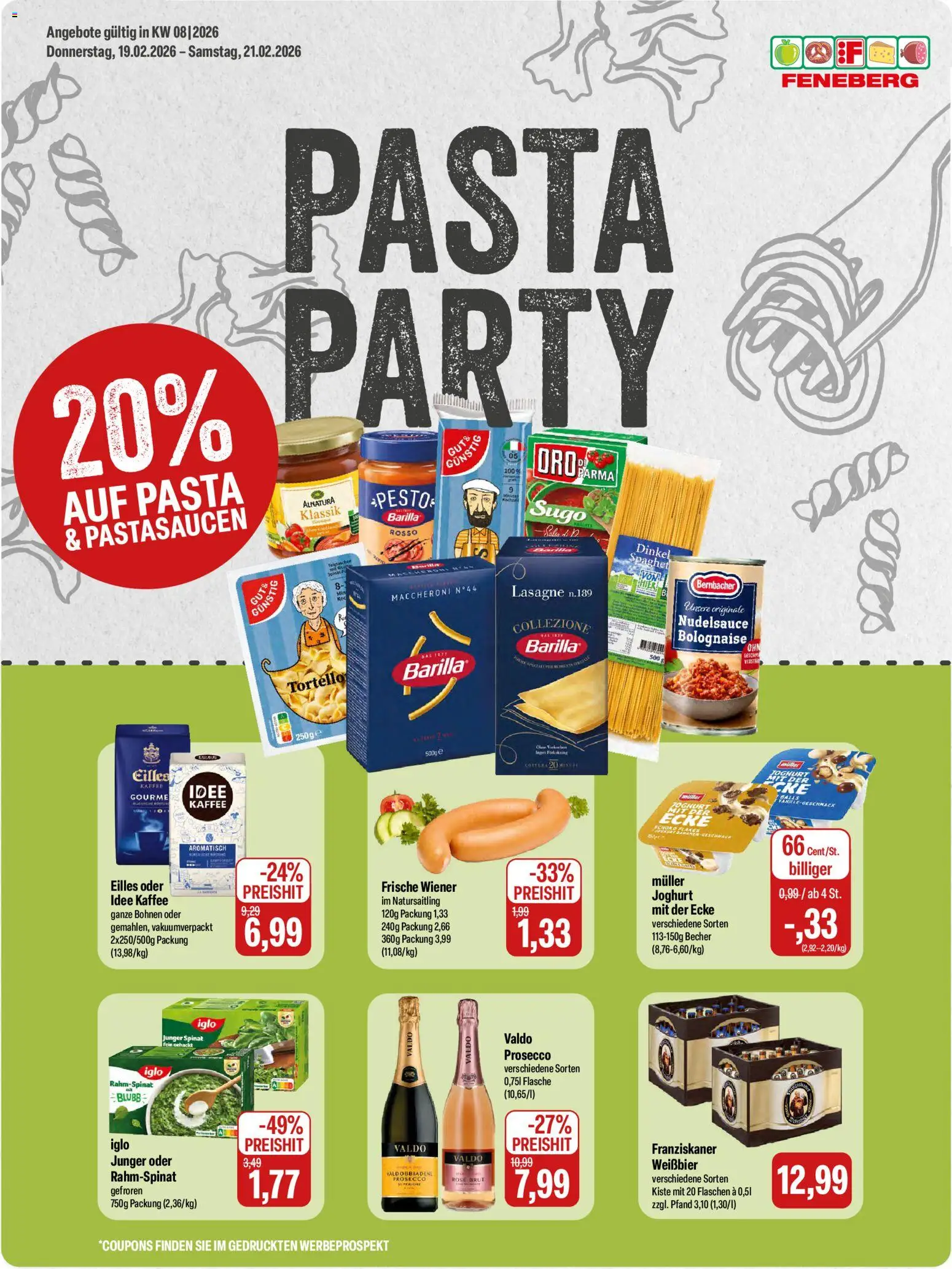 Feneberg Angebote – gültig ab 19.02.2026 | Seite: 1 | Produkte: Franziskaner, Kaffee, Prosecco, Pasta