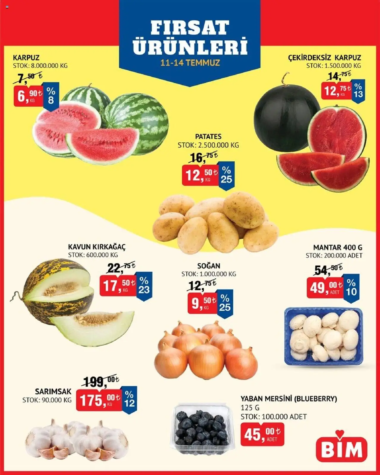 BİM - Meyve-Sebze, Meyve Sebze - 11.07.2025 tarihinden itibaren geçerlidir | Sayfa: 1 | Ürünler: Sarımsak, Karpuz, Kavun, Mantar