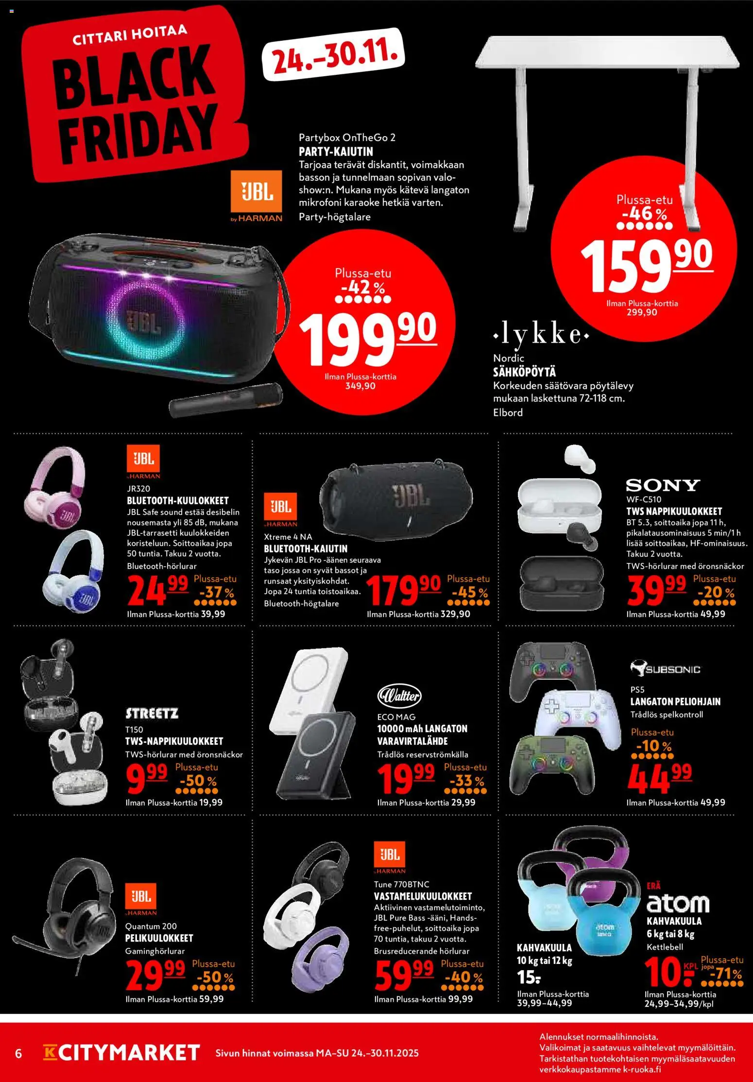 K-Citymarket - Black Friday – voimassa 24.11.2025 alkaen | Sivu: 6 | Tuotteet: Mikrofoni, Varavirtalähde, Vastamelukuulokkeet, Kahvakuula