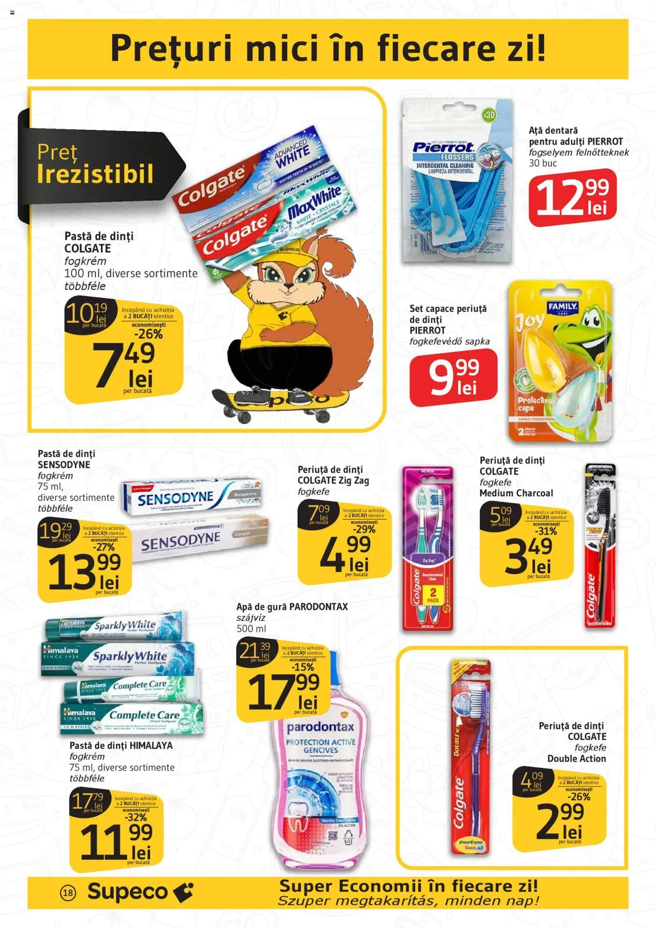 Catalog Supeco Bilingv – valabil de la 21.08.2025 | Pagină: 18 | Produse: Mici, Pastă de dinți, Apă de gură, Apă