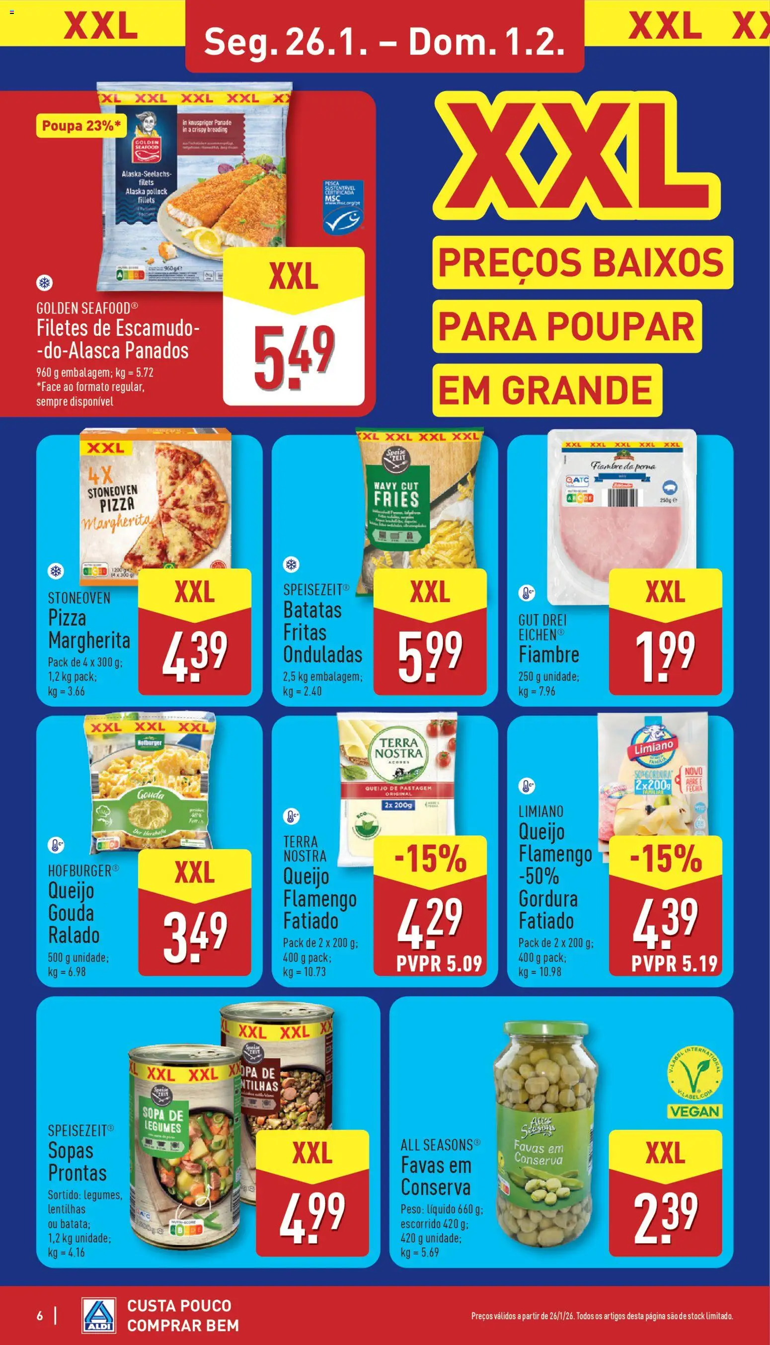 Aldi folheto │ válido de 26.01.2026 | Página: 6 | Produtos: Sopa, Queijo, Pizza, Batatas fritas