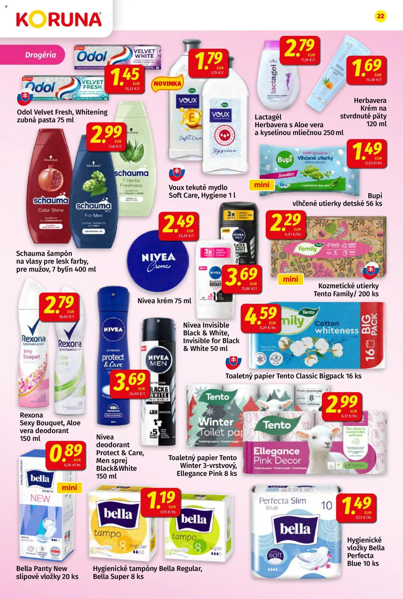 Nové Koruna akcie – leták je platný od 20.02.2026 | Strana: 22 | Produkty: Nivea, Toaletný papier, Mydlo, Krém