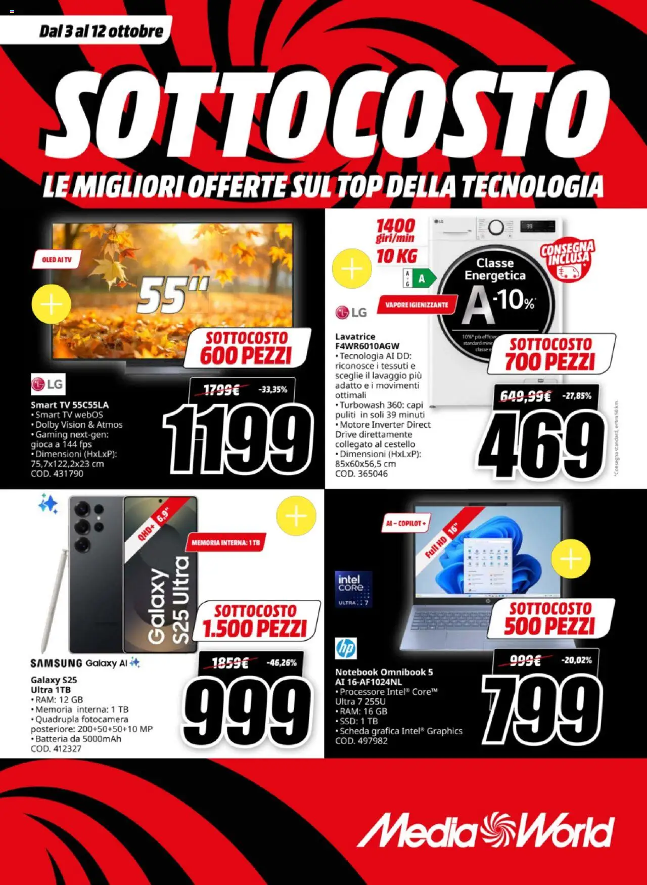 Volantino Media World del 03.10.2025 | Pagina: 1 | Prodotti: Notebook, Top, Lavatrice, TV