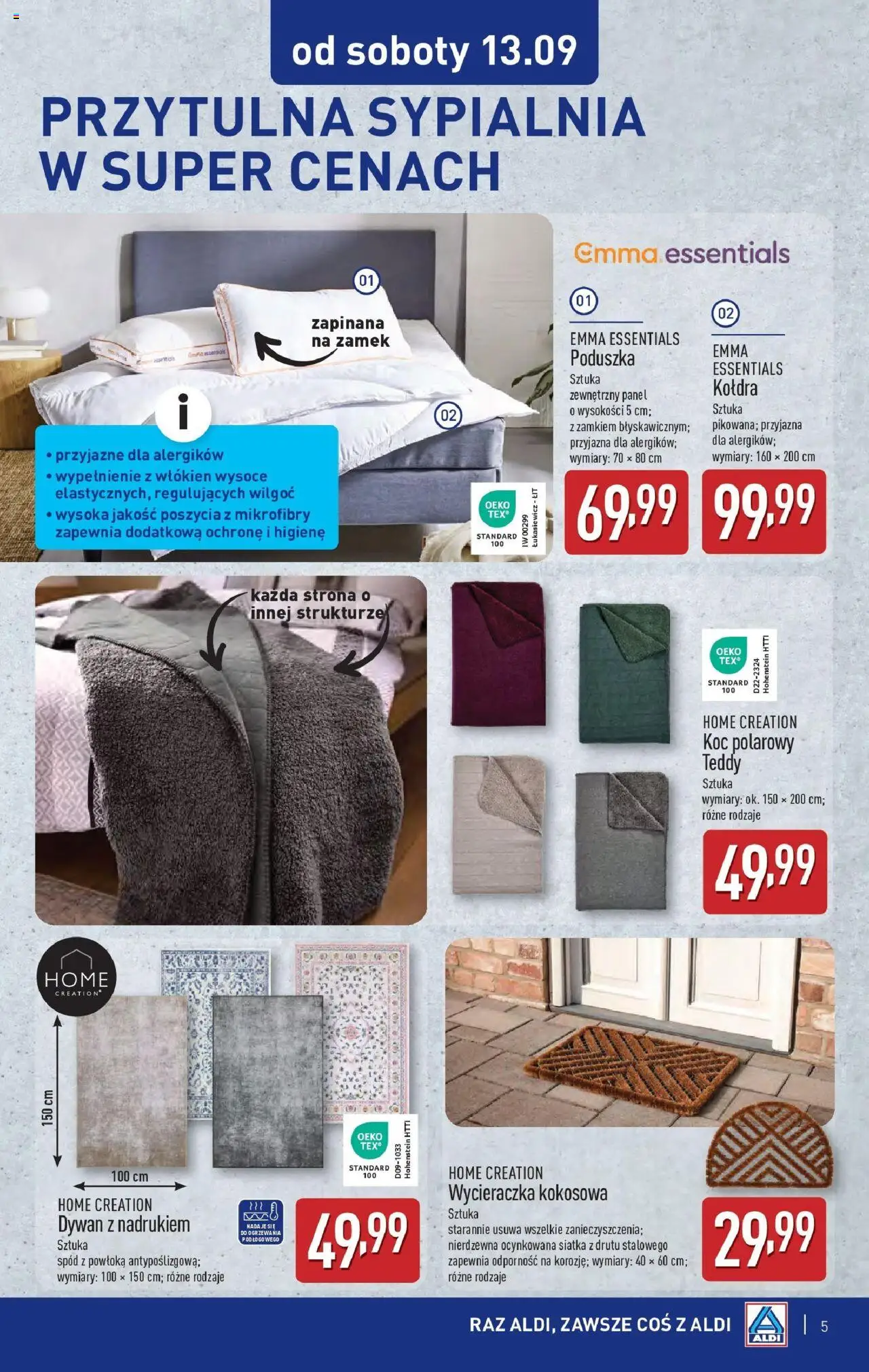 Aldi Gazetka - Od soboty od 13.09.2025 | Strona: 5 | Produkty: Poduszka, Koc, Siatka, Wycieraczka
