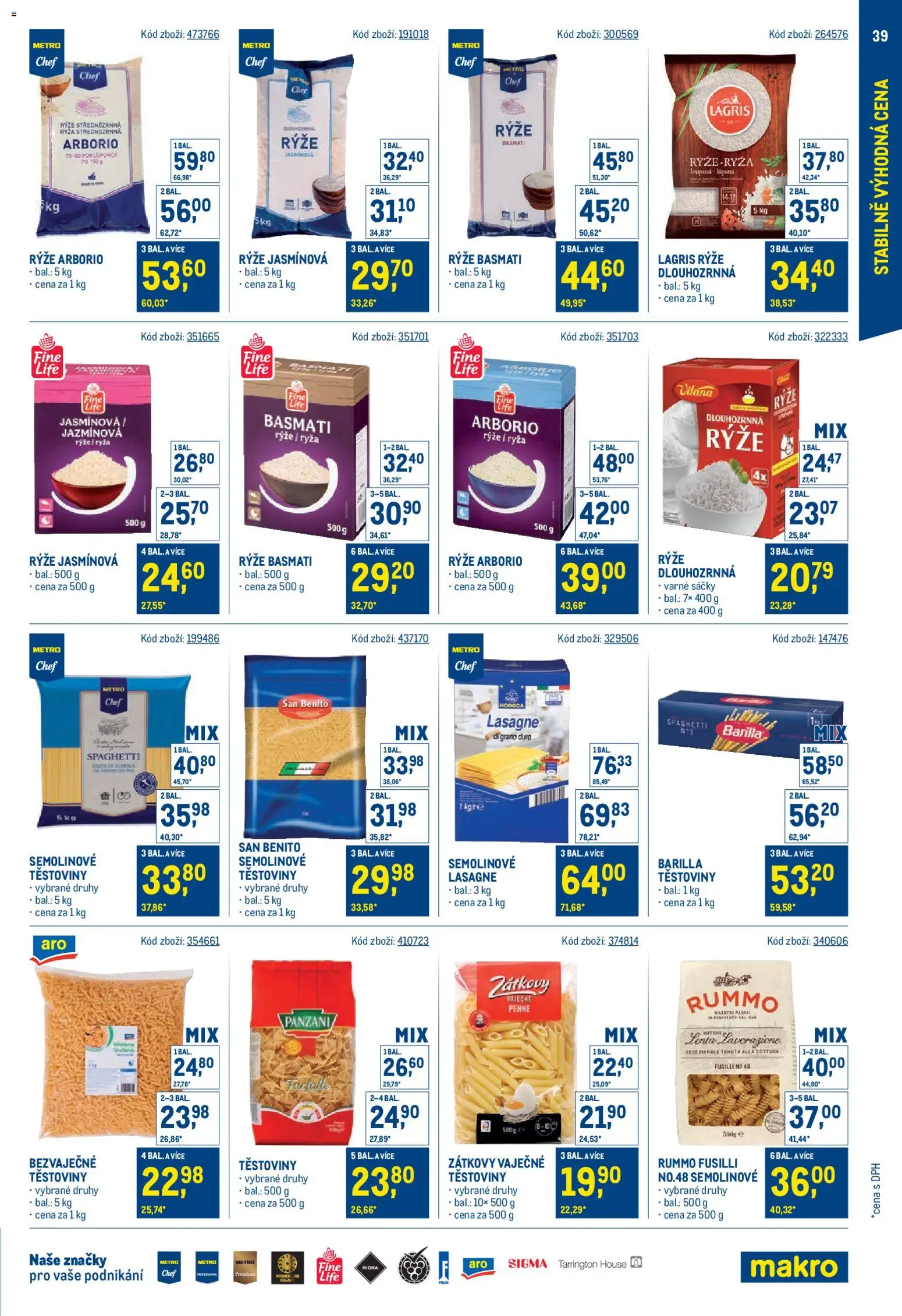 Makro leták - Stabilně výhodná cena od 28.01.2026 | Strana: 39 | Produkty: Penne, Těstoviny, Basmati, Rýže basmati