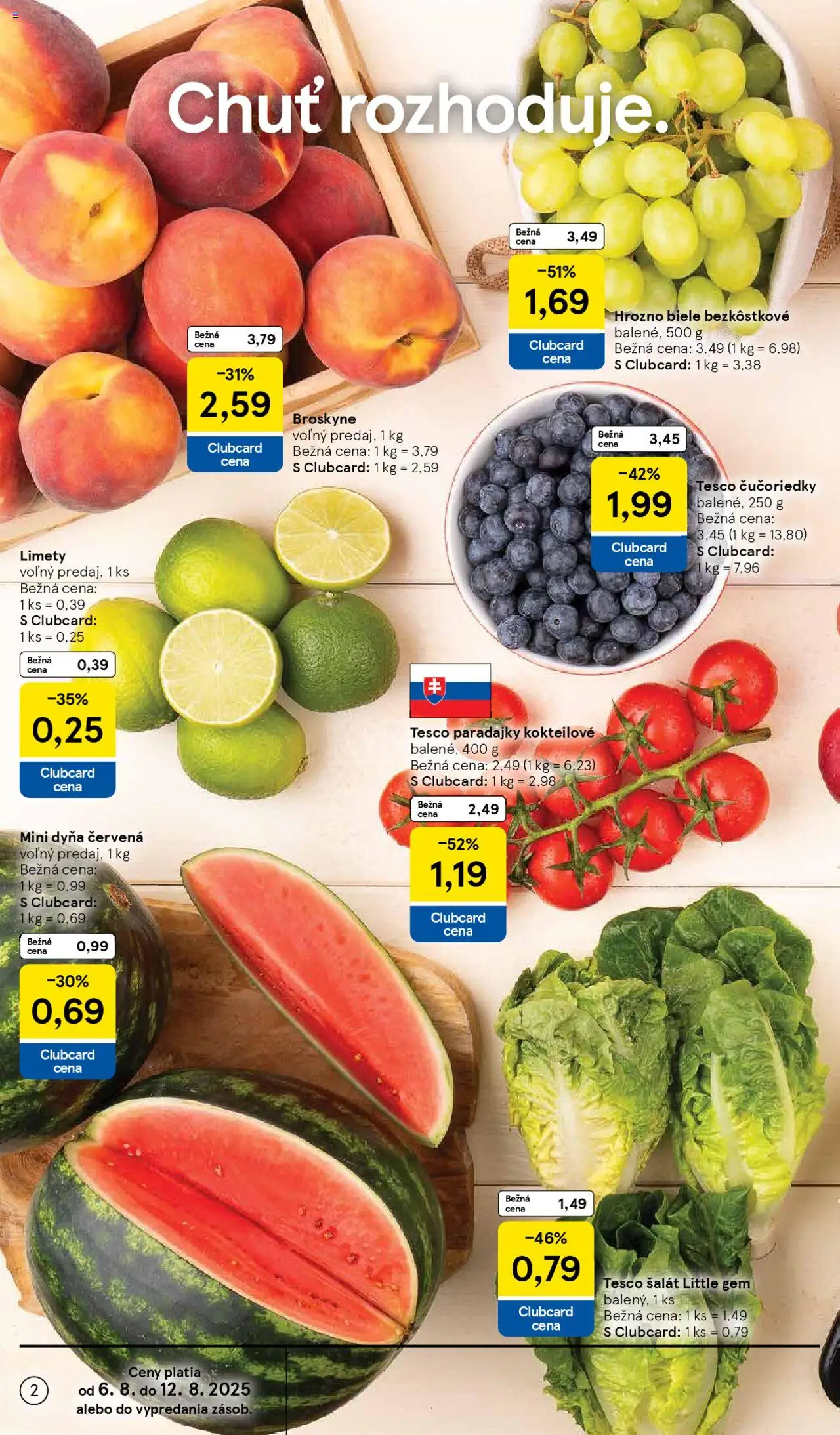 Tesco Supermarket - leták │ platný od 06.08.2025 | Strana: 2 | Produkty: Paradajky, Šalát, Broskyne, Hrozno