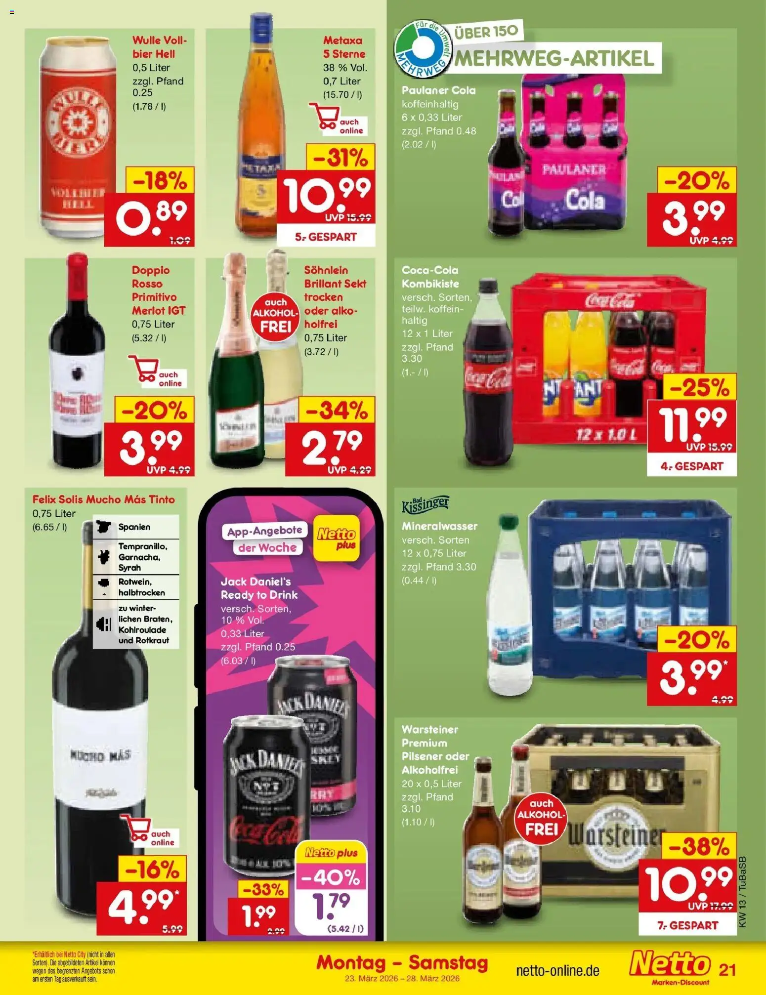 Netto Marken-Discount Prospekt Lahr-Langenwinkel	 – gültig ab 23.03.2026 | Seite: 23 | Produkte: Sekt, Merlot, Metaxa, Warsteiner