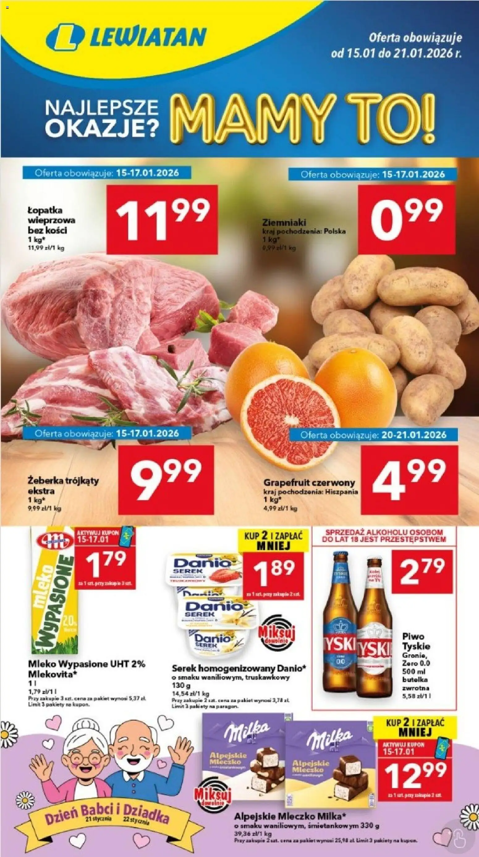 Lewiatan gazetka - Legnica od 15.01.2026 | Strona: 1 | Produkty: Serek homogenizowany, Milka, Piwo, Ziemniaki