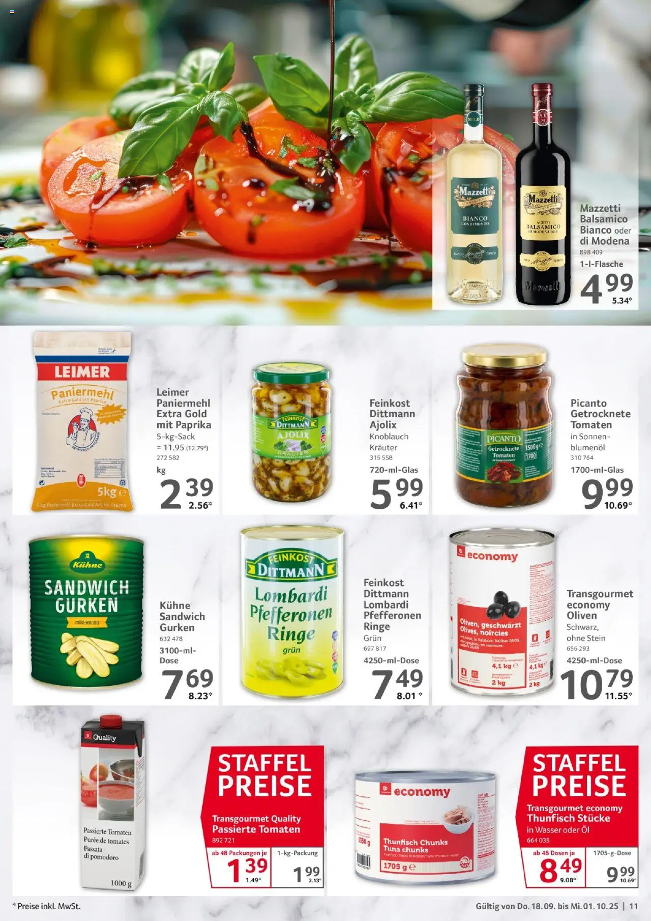 Selgros Gastronomie – gültig ab 18.09.2025 | Seite: 11 | Produkte: Öl, Thunfisch, Tomaten, Knoblauch