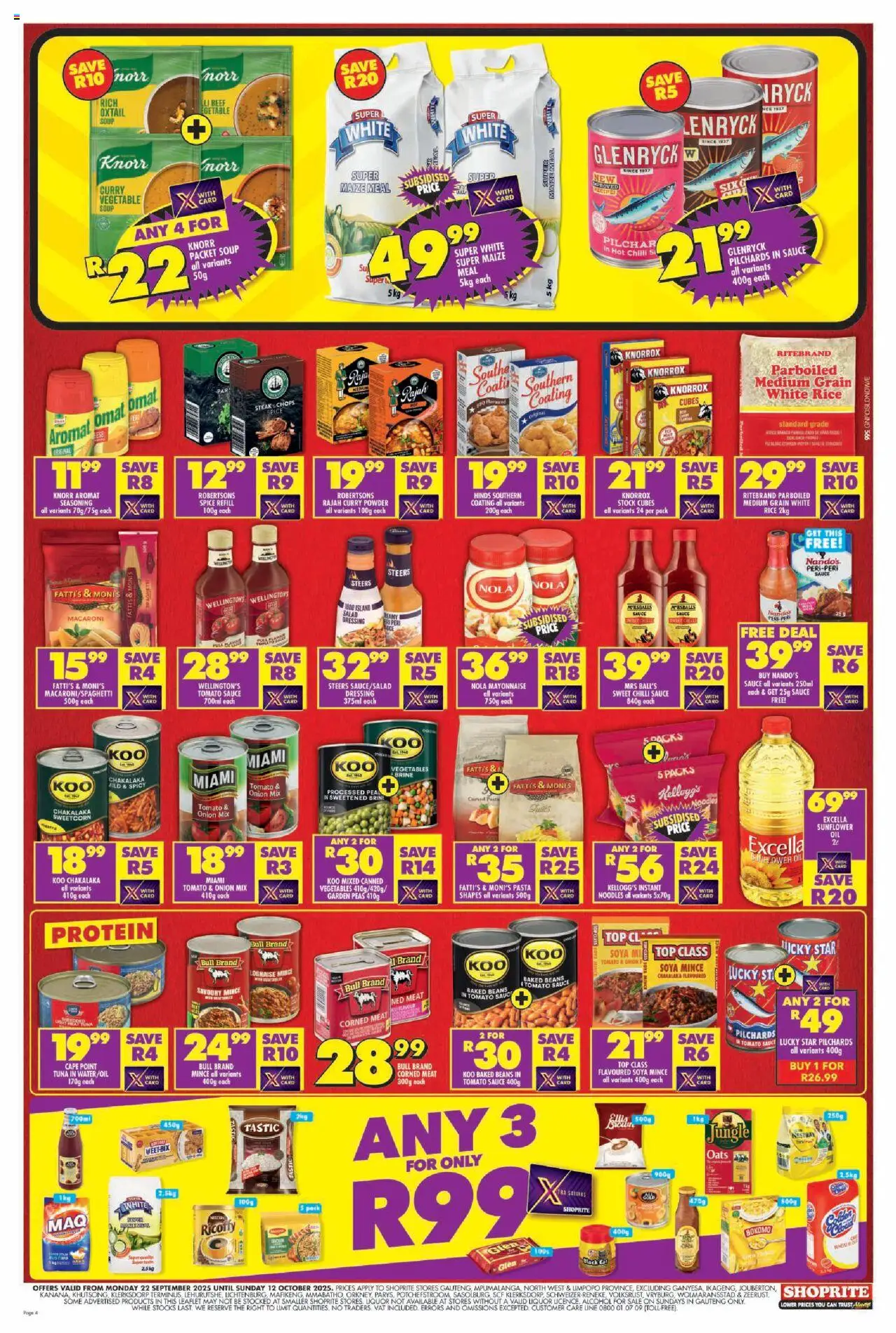 New Shoprite catalogue – valid from 22.09.2025 | Page: 4 | Products: Beans, Noodles, Stock, Mayonnaise