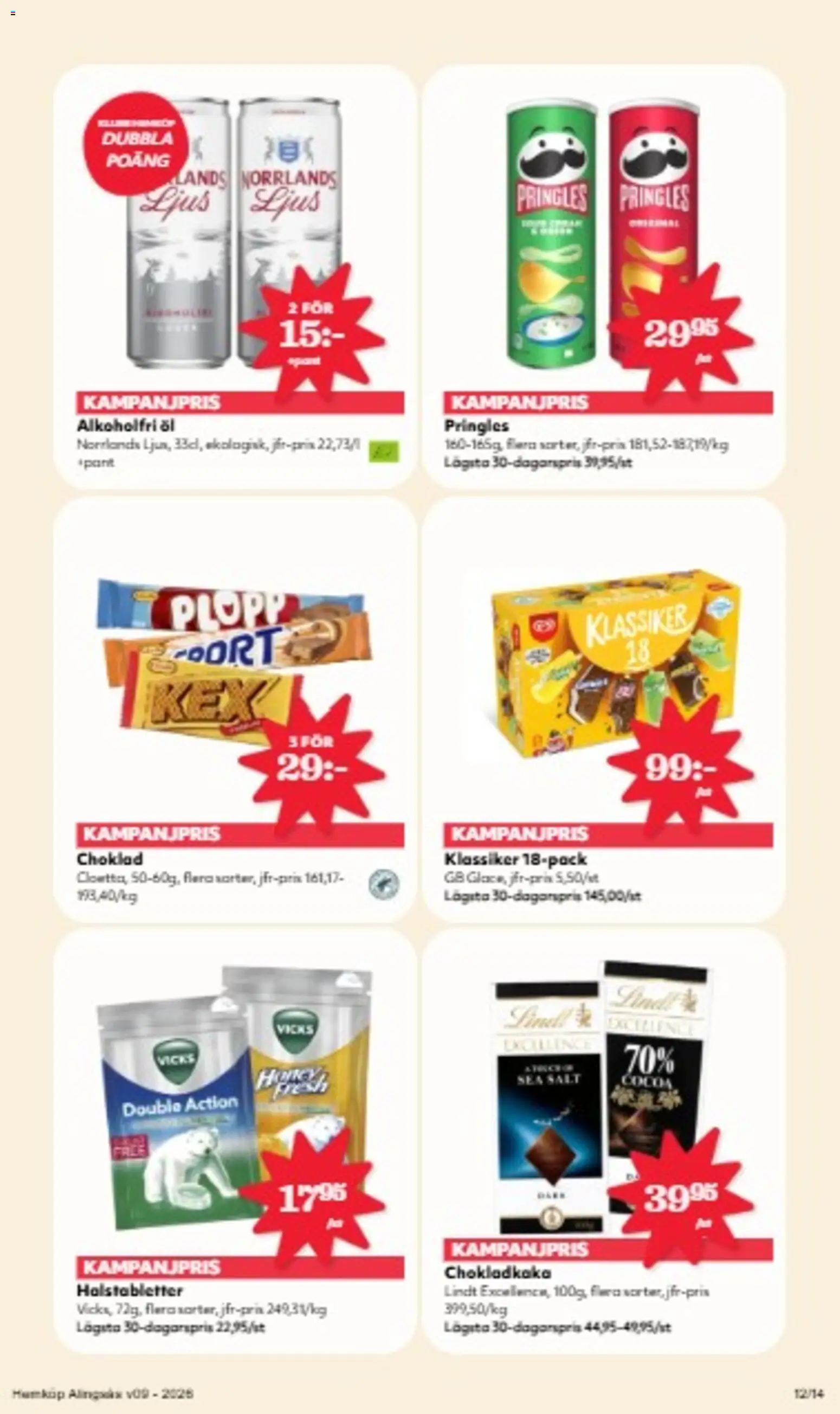 Hemköp reklamblad aktuell från 23.02.2026 | Sida: 12 | Produkter: Salt, Chokladkaka, Chips, Öl