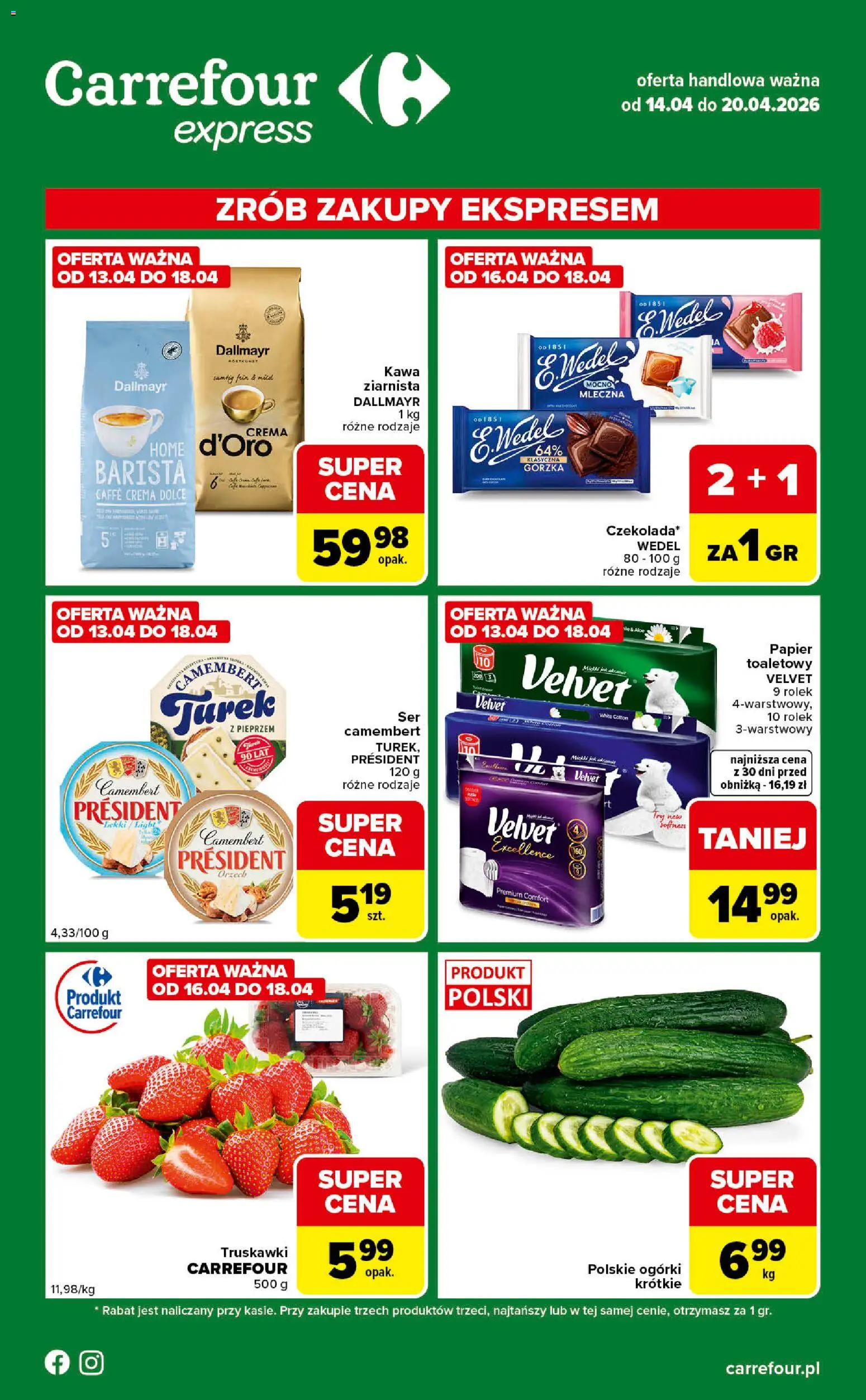 Carrefour gazetka - Express od 14.04.2026 | Strona: 1 | Produkty: Camembert, Kawa, Truskawki, Ogórki