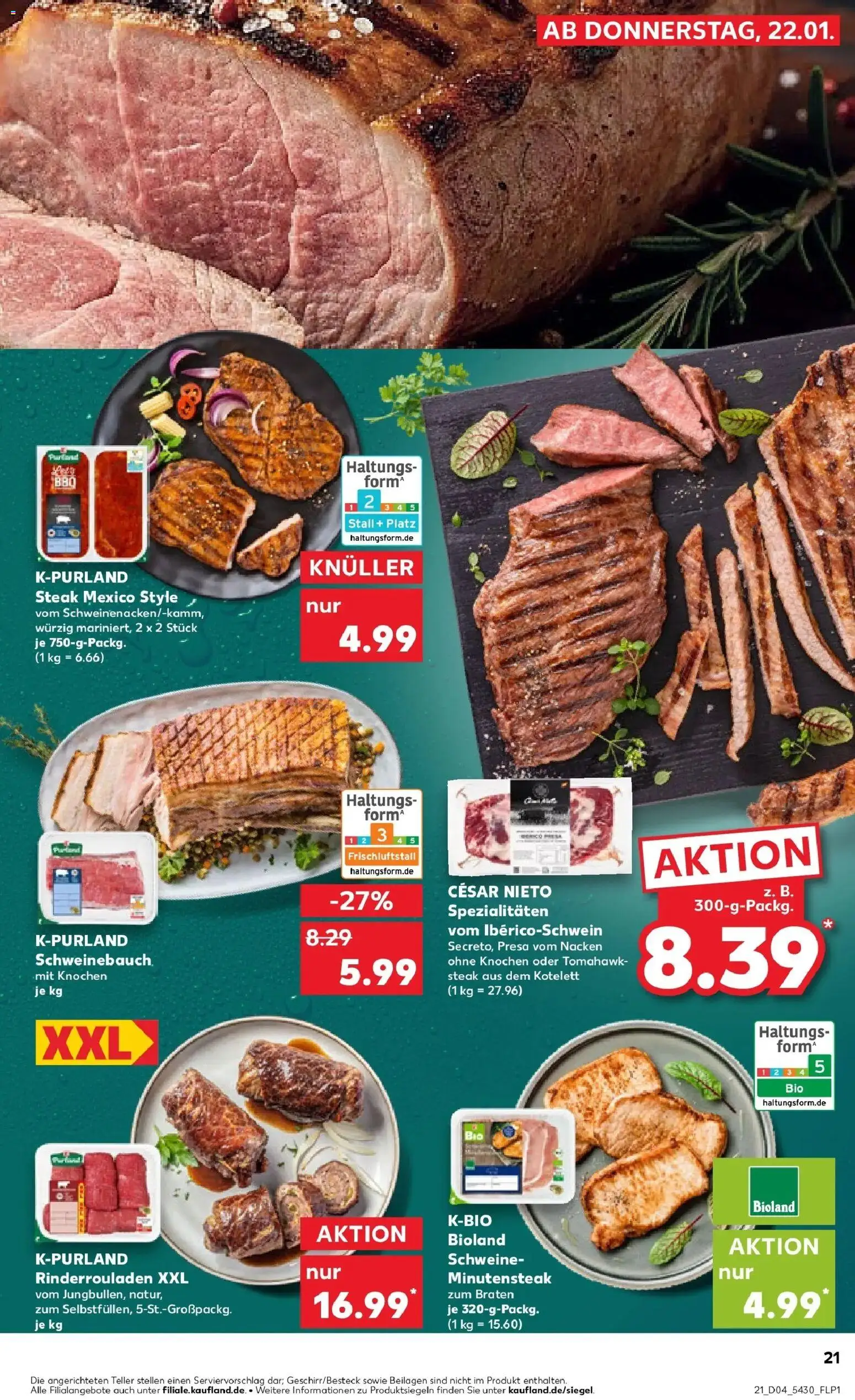 Kaufland prospekt Markt Schwaben	 – gültig ab 22.01.2026 | Seite: 21 | Produkte: Rinderrouladen, Schweinebauch, Steak