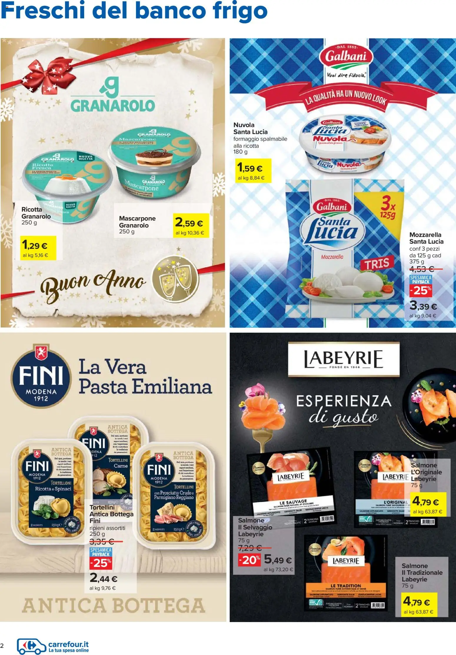 Volantino Carrefour del 27.12.2025 | Pagina: 2 | Prodotti: Salmone, Tortelloni, Mascarpone, Parmigiano