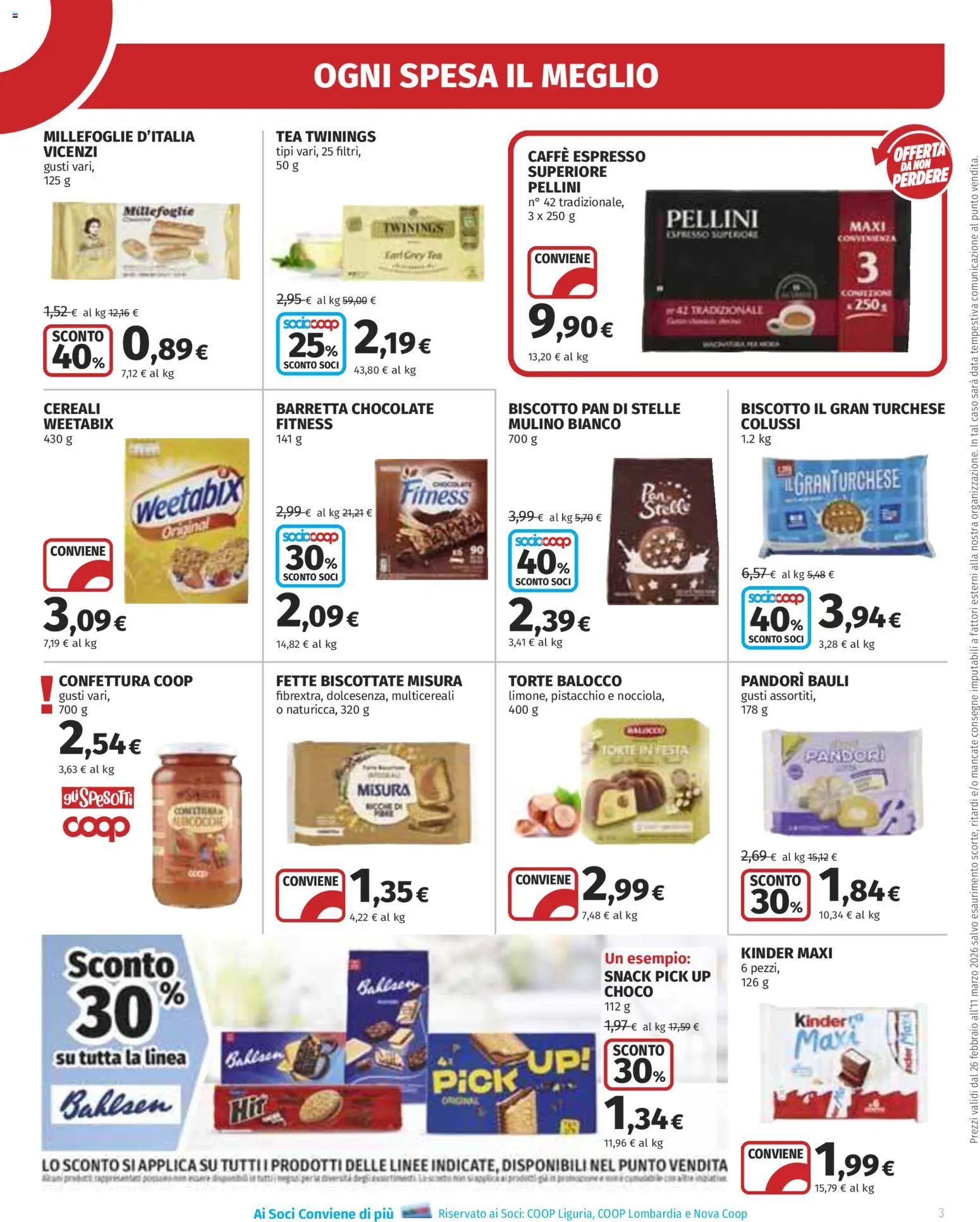 Volantino Ipercoop del 26.02.2026 | Pagina: 3 | Prodotti: Caffè, Cereali, Barretta, Fette biscottate