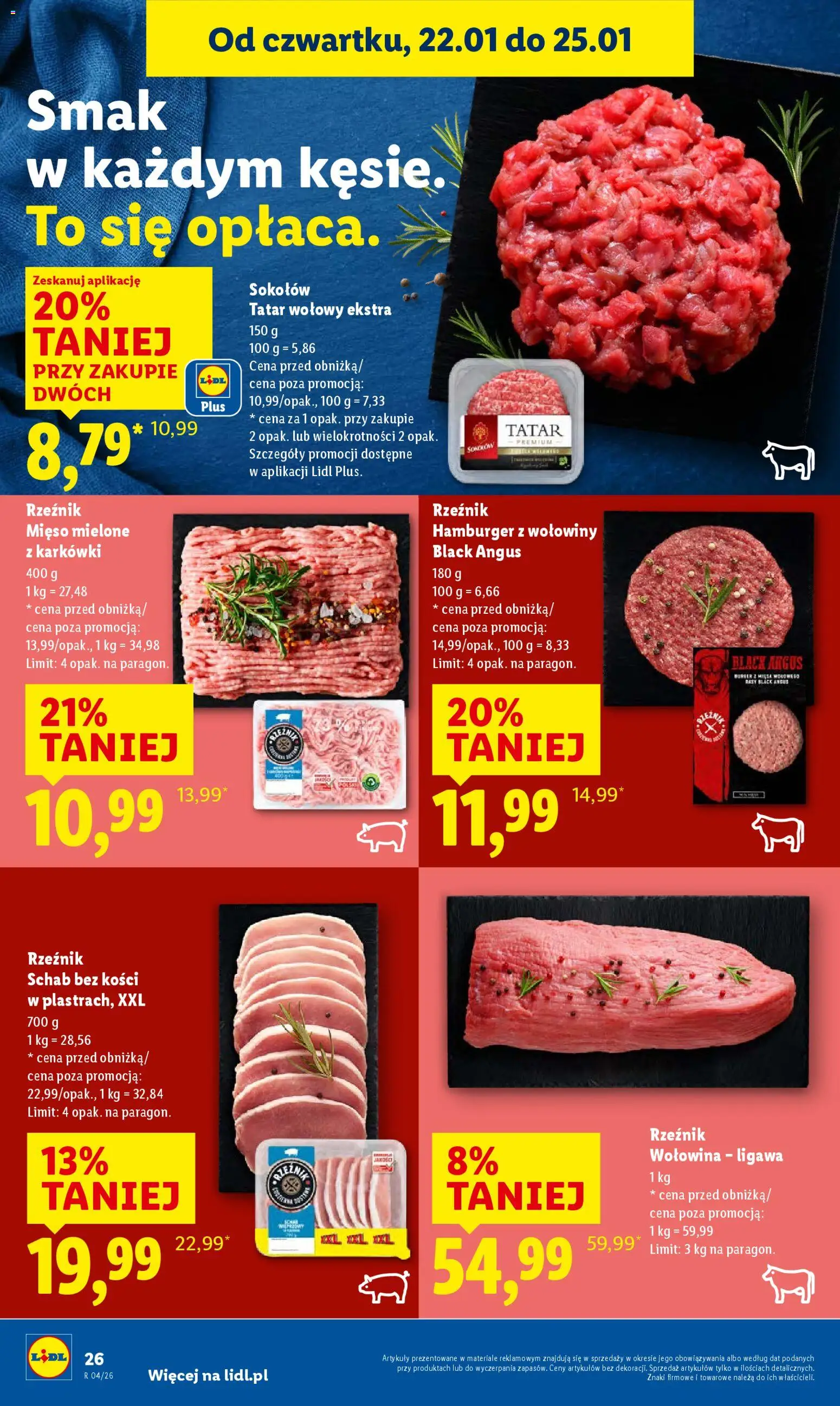 Lidl Gazetka od 22.01.2026 | Strona: 26 | Produkty: Tatar wołowy, Mięso, Schab bez kości, Mięso mielone
