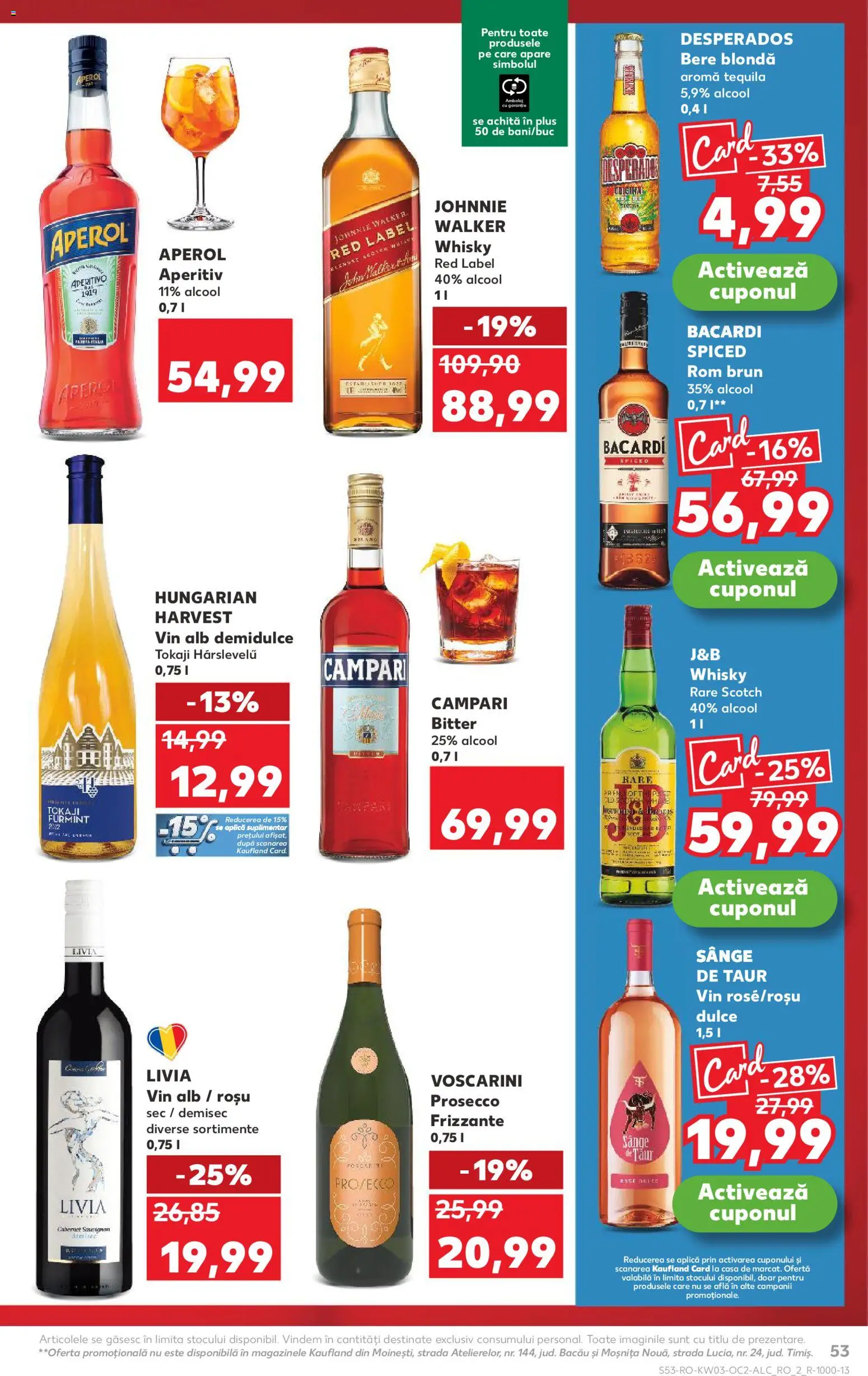 Kaufland RO akciós ujság - amely érvényes a következő dátumtól: 14.01.2026 | Oldal: 53 | Termékek: Aperol, Bacardi, Campari, Whisky
