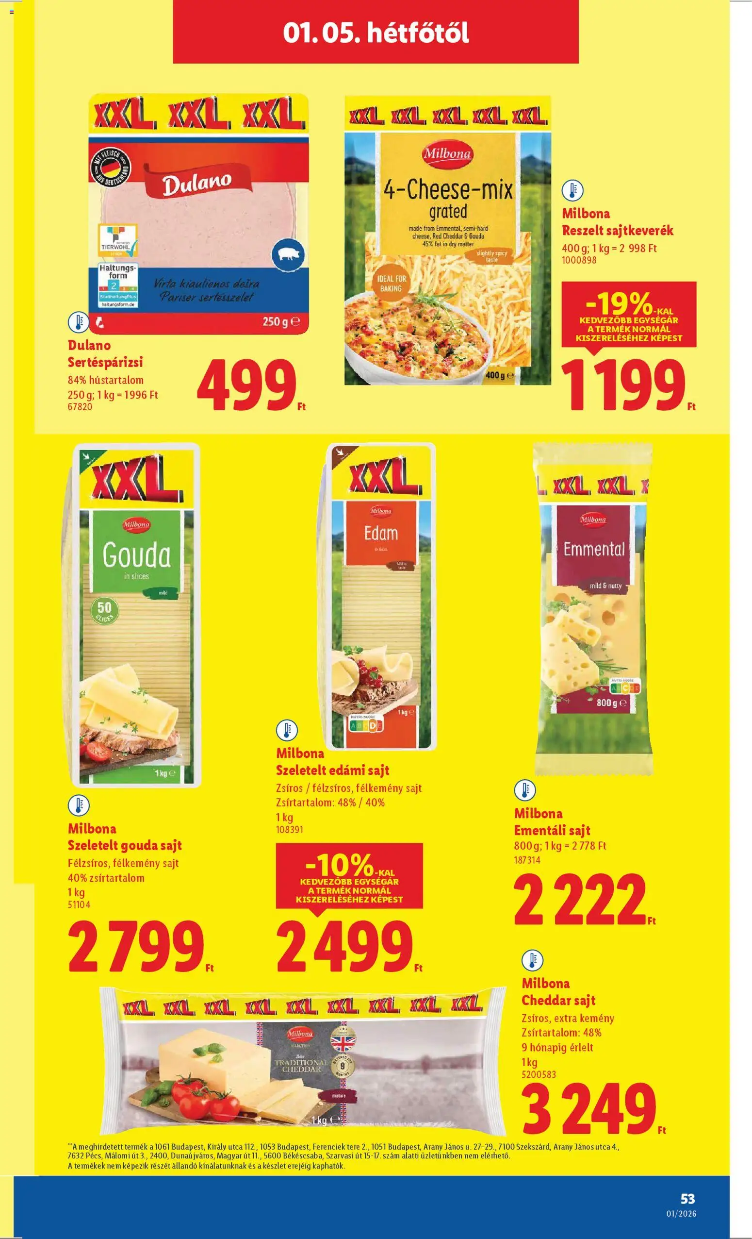 Lidl akciós ujság - amely érvényes a következő dátumtól: 02.01.2026 | Oldal: 53 | Termékek: Gouda, Edami sajt, Ementáli sajt, Cheddar