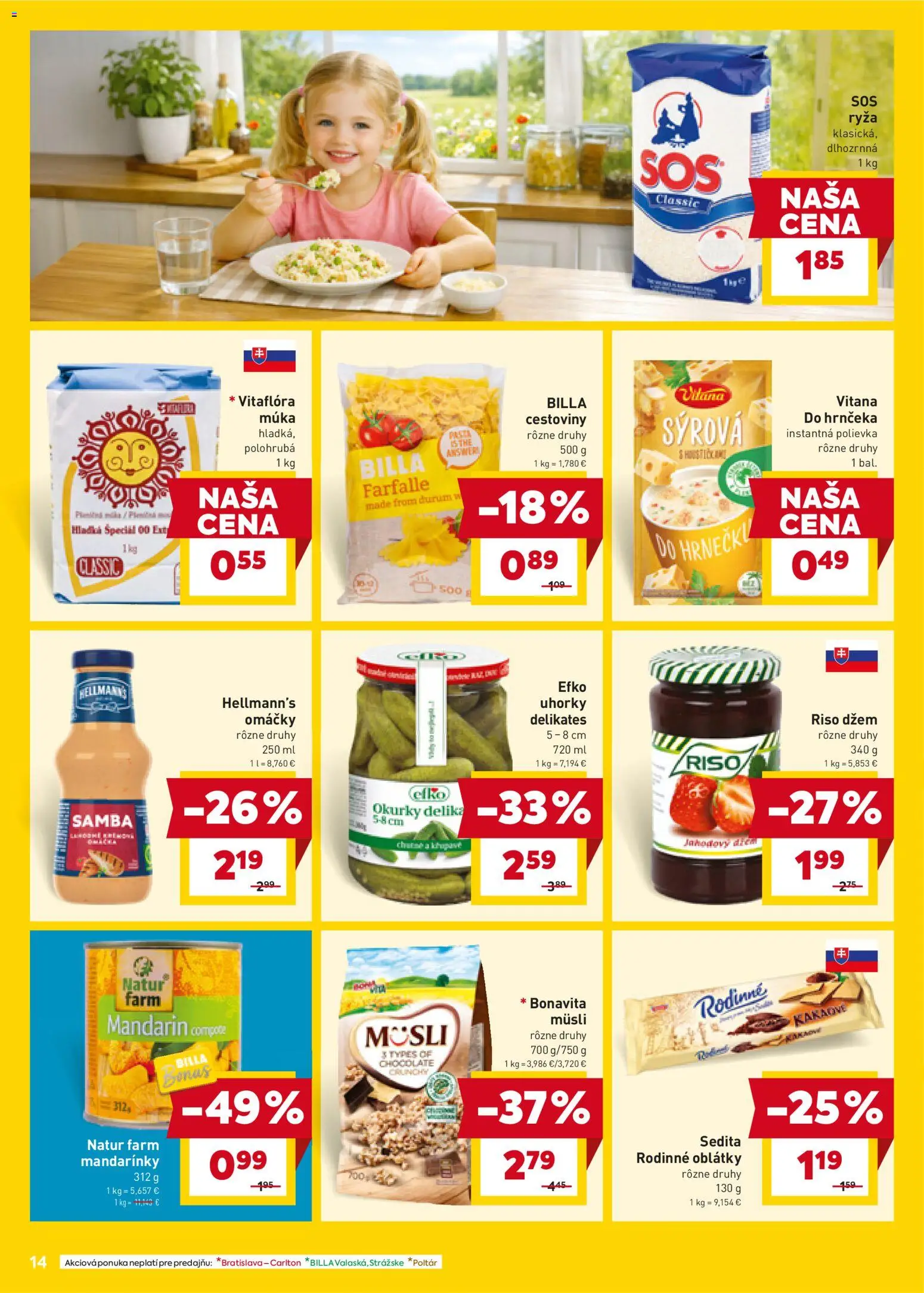 Nové Billa akcie – leták je platný od 04.02.2026 | Strana: 14 | Produkty: Ryža, Cestoviny, Mandarinky, Múka