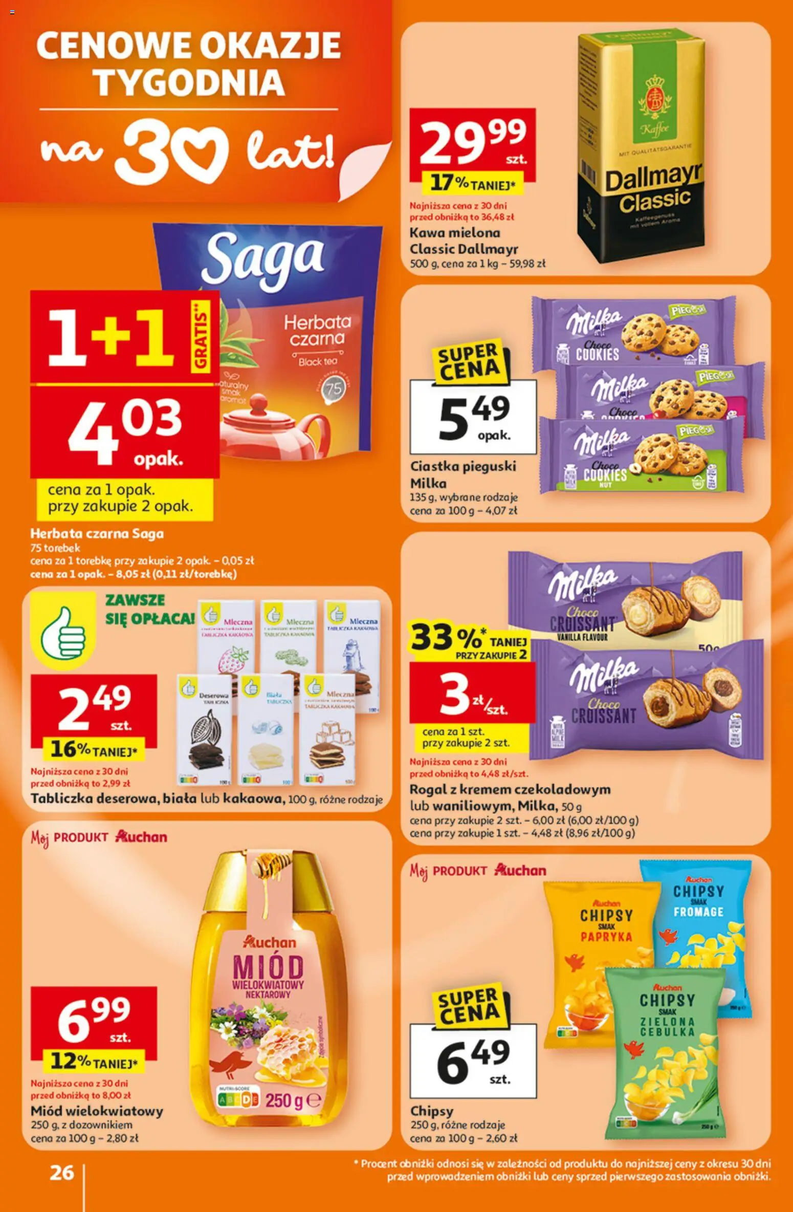 Auchan Gazetka - 30 Lat Hipermarket od 15.01.2026 | Strona: 26 | Produkty: Chipsy, Miód, Kawa, Herbata