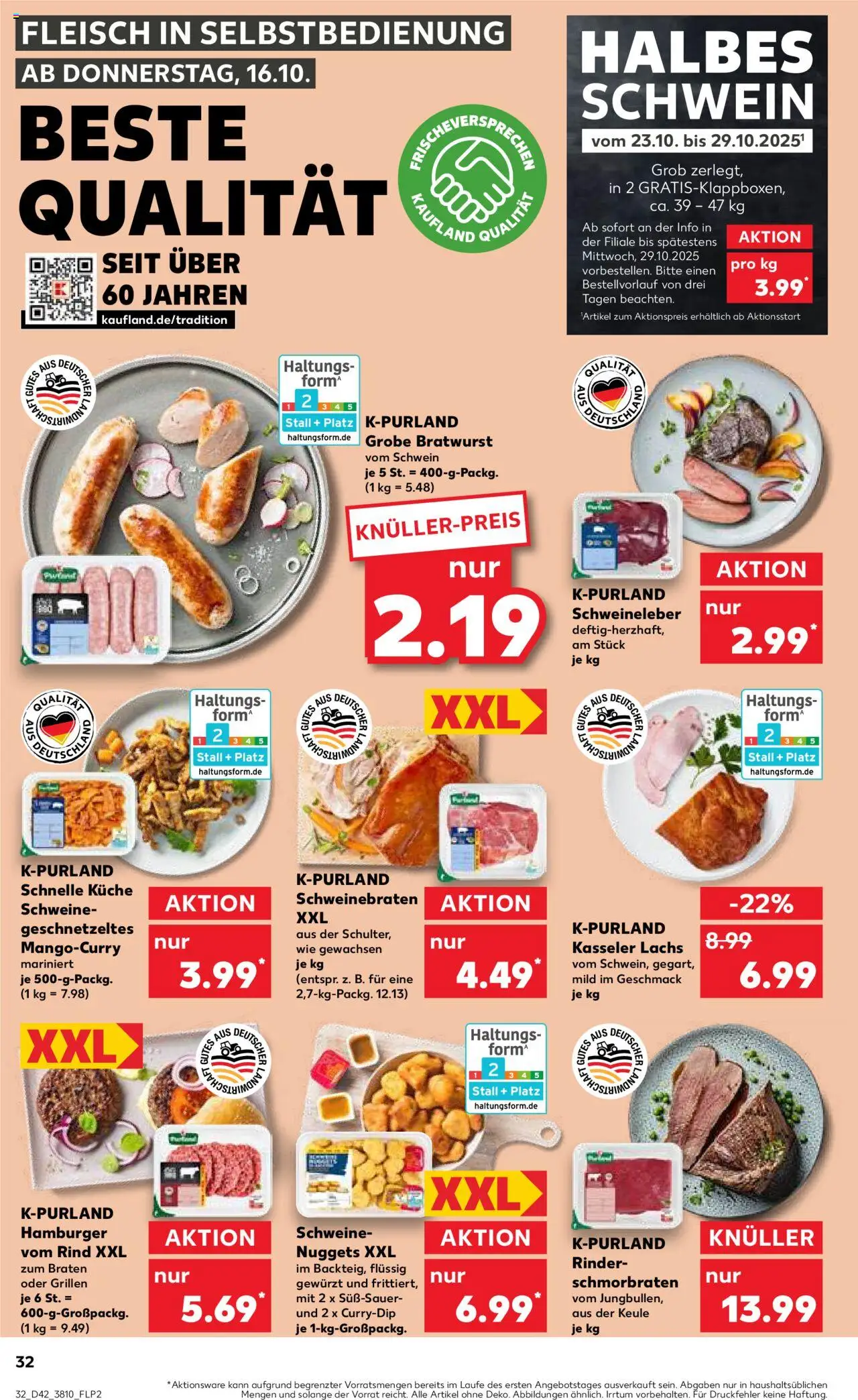 Kaufland Prospekt 	 – gültig ab 16.10.2025 | Seite: 32 | Produkte: Bratwurst, Burger, Lachs, Fleisch