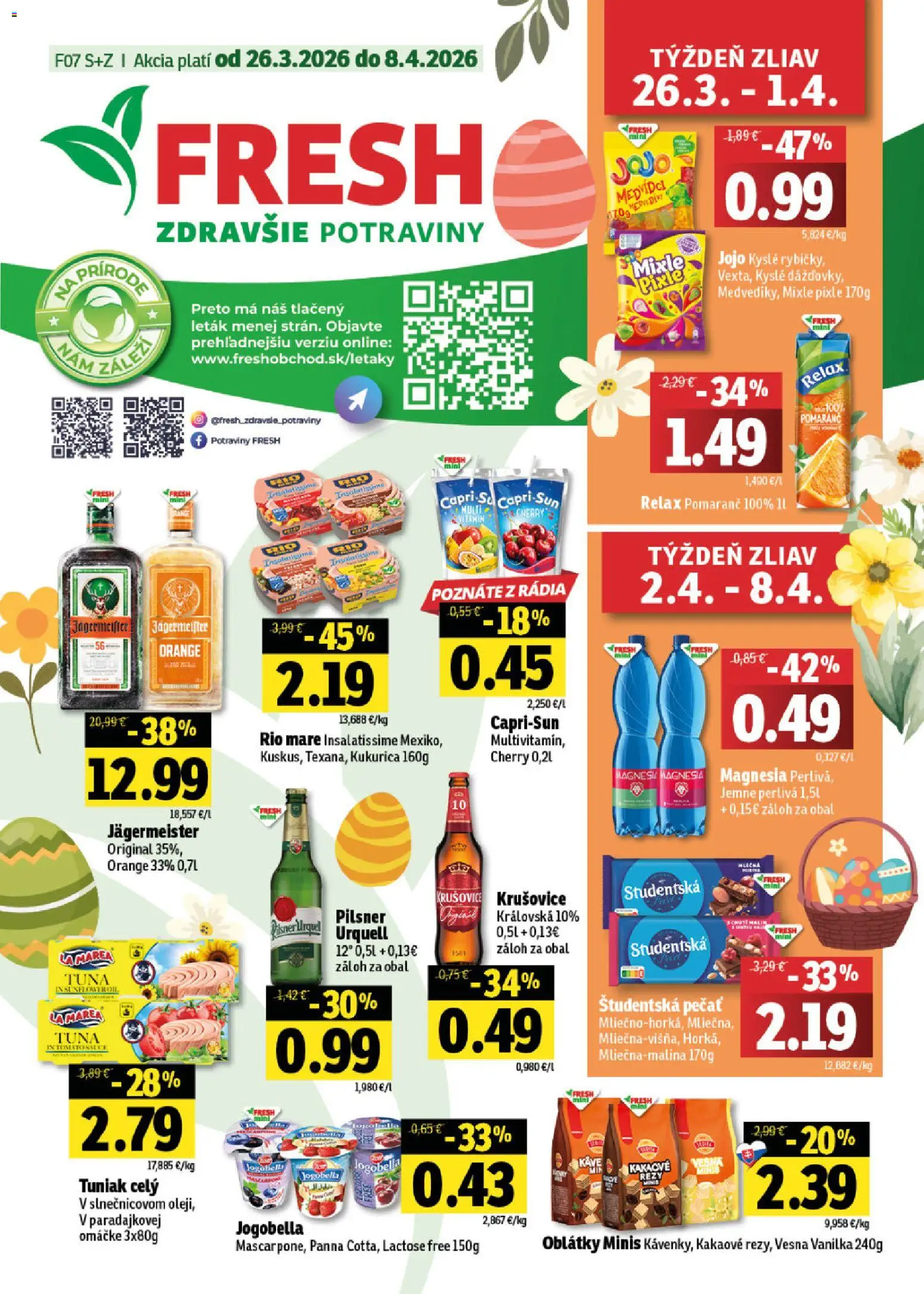 Nové Fresh akcie – leták je platný od 26.03.2026 | Strana: 1 | Produkty: Tuniak, Krušovice, Študentská pečať, Kukurica