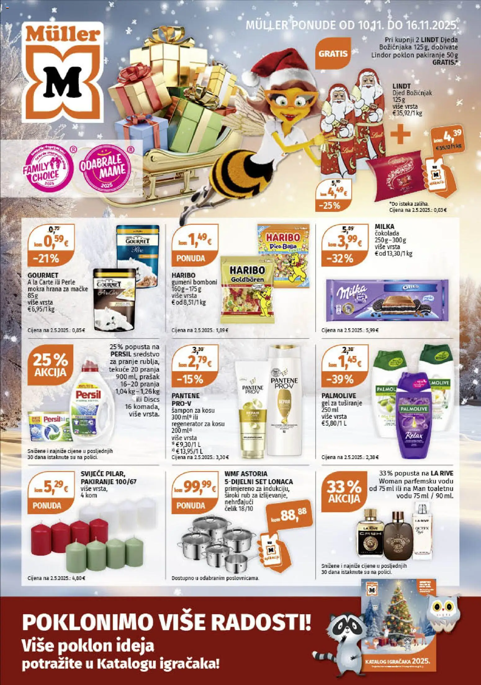 Müller katalog | vrijedi od 10.11.2025 | Stranica: 1 | Proizvodi: Regenerator za kosu, Čokolada, Hrana za mačke, Persil