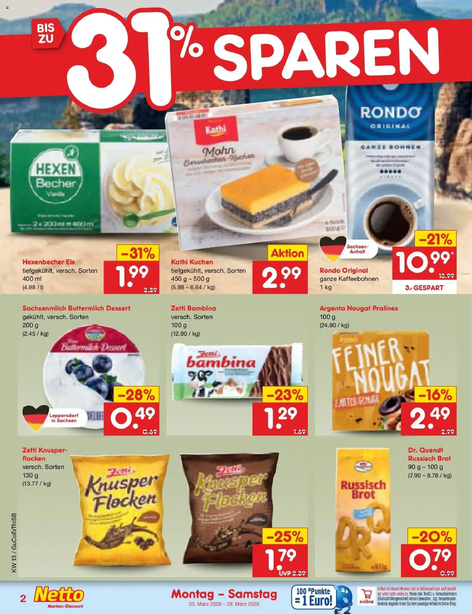 Netto Marken-Discount Prospekt Machern	 – gültig ab 23.03.2026 | Seite: 28 | Produkte: Buttermilch, Kuchen, Flocken, Eis