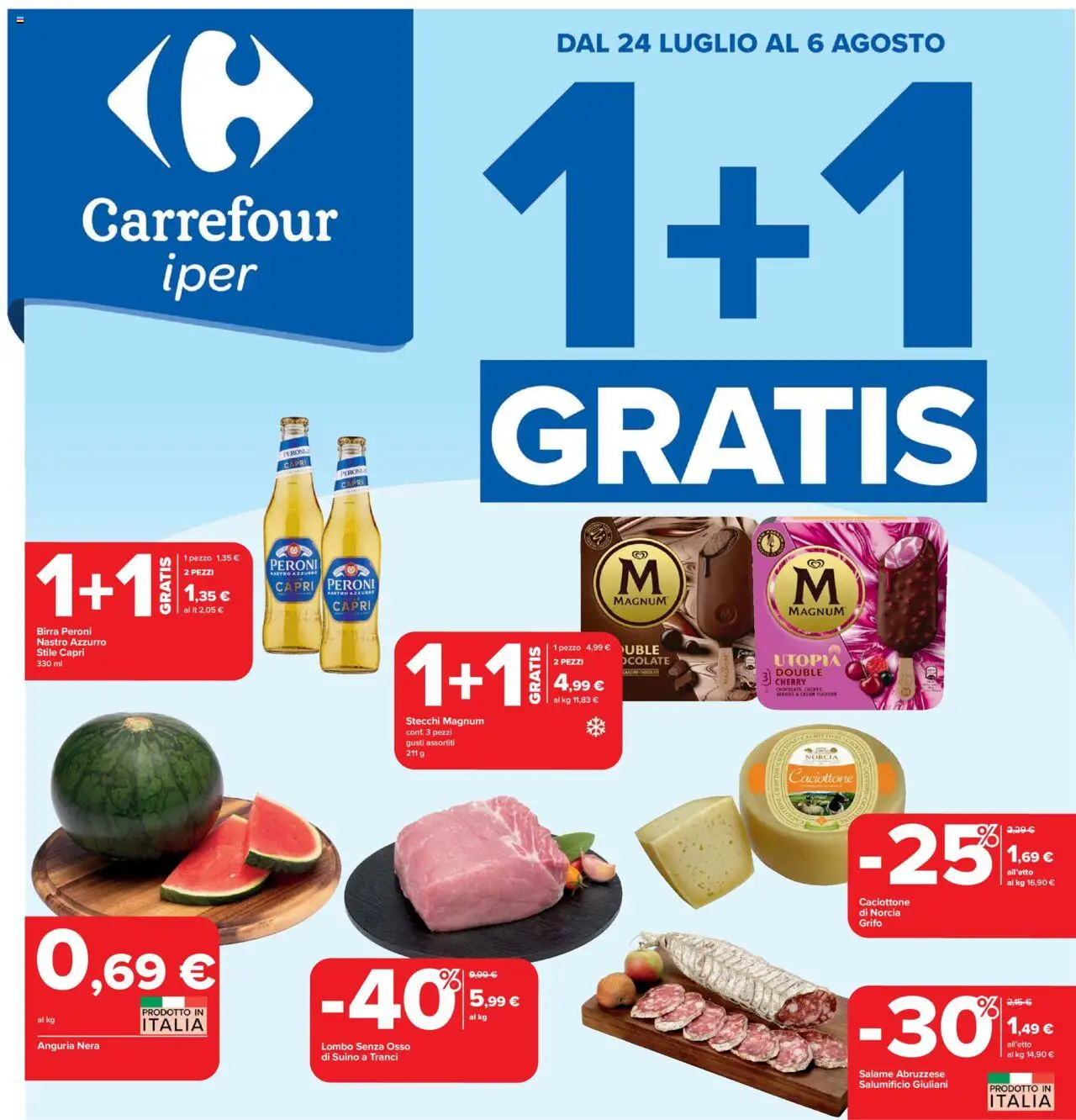 Volantino Carrefour del 24.07.2025 | Pagina: 1 | Prodotti: Salame, Birra, Suino, Anguria