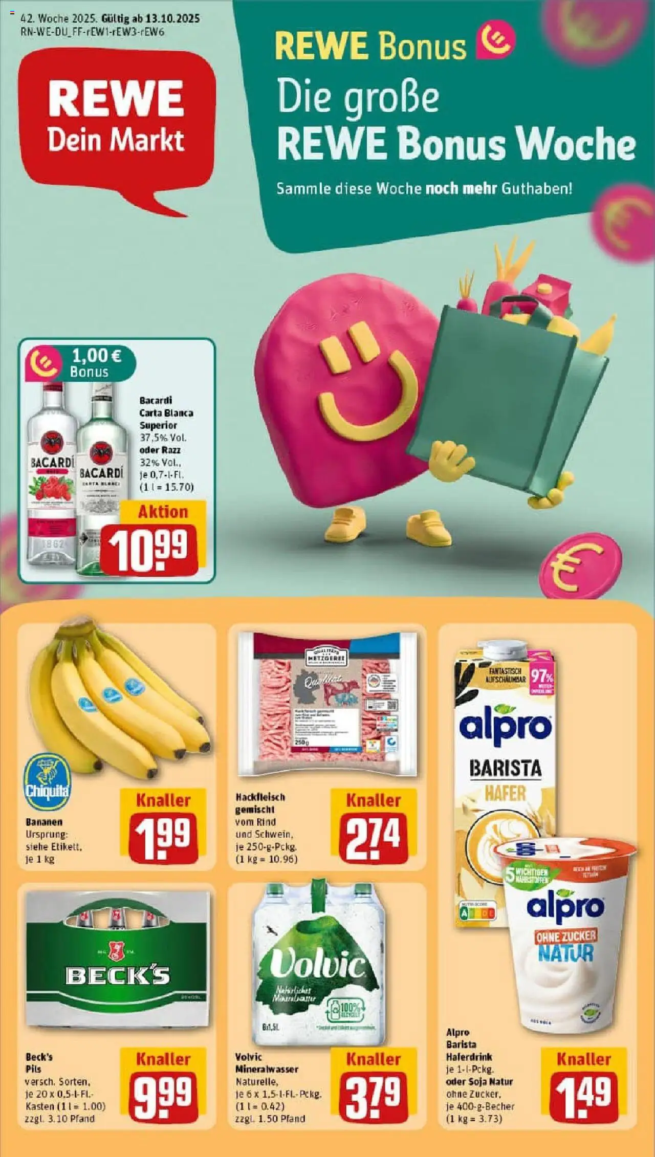 Rewe prospekt Neuss / Grimlinghaus	 – gültig ab 13.10.2025 | Seite: 1 | Produkte: Bacardi, Mineralwasser, Alpro, Hackfleisch