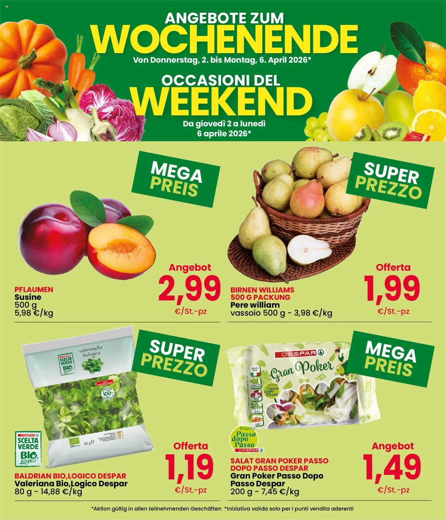 Volantino Despar del 02.04.2026 | Pagina: 2 | Prodotti: Valeriana, Rucola, Susine, Vassoio