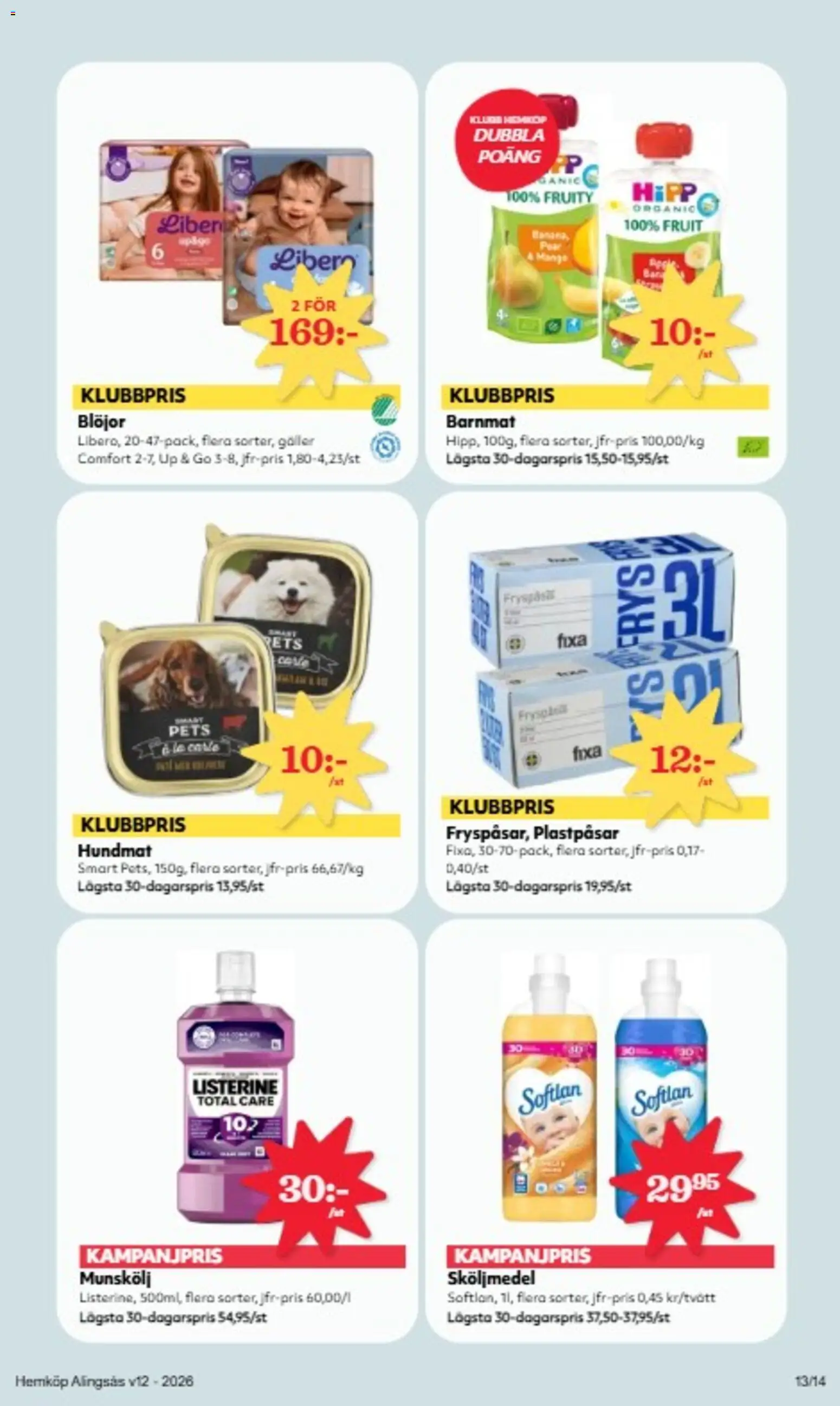 Hemköp reklamblad aktuell från 16.03.2026 | Sida: 12 | Produkter: Munskölj, Barnmat, Hundmat, Blöjor