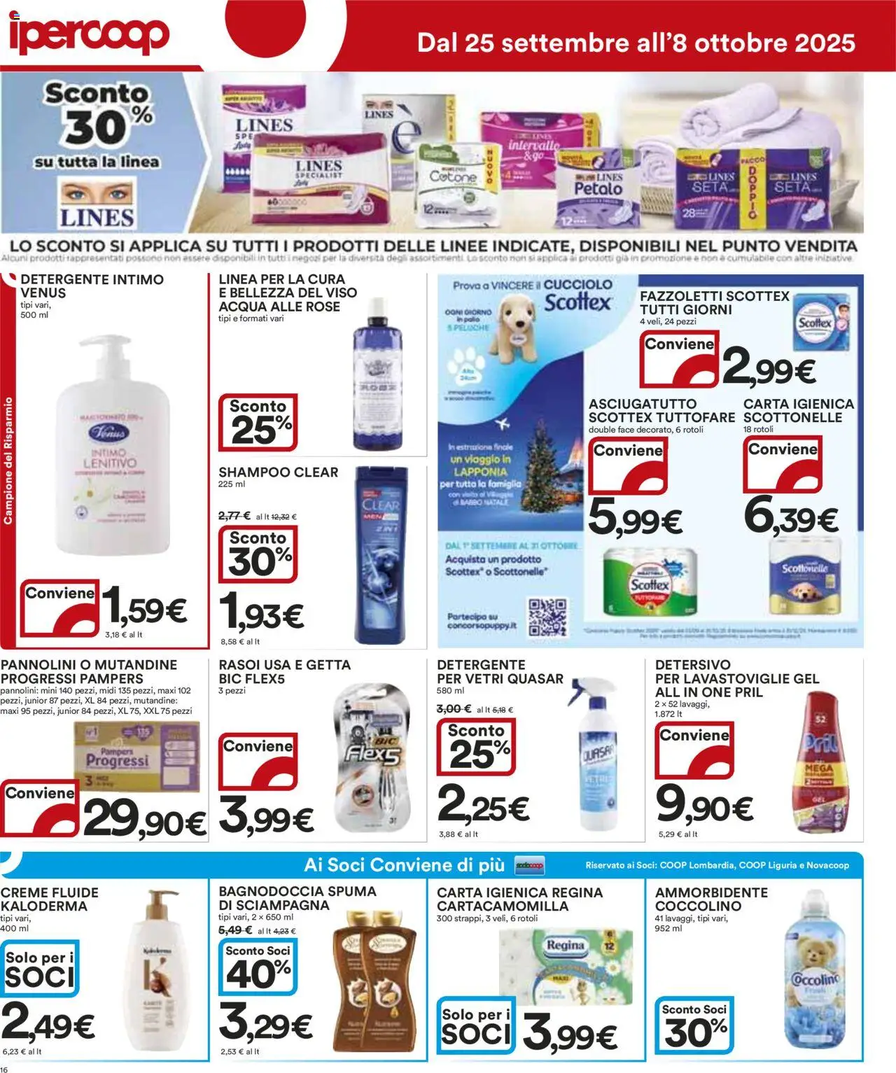 Volantino Ipercoop del 25.09.2025 | Pagina: 16 | Prodotti: Ammorbidente, Detersivo per lavastoviglie, Acqua, Asciugatutto