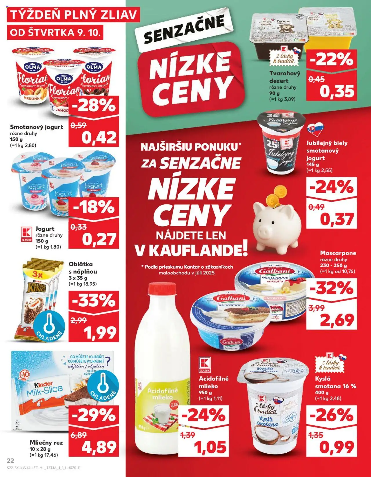 Nové Kaufland akcie – leták je platný od 09.10.2025 | Strana: 22 | Produkty: Mlieko, Jogurt, Kinder, Mascarpone