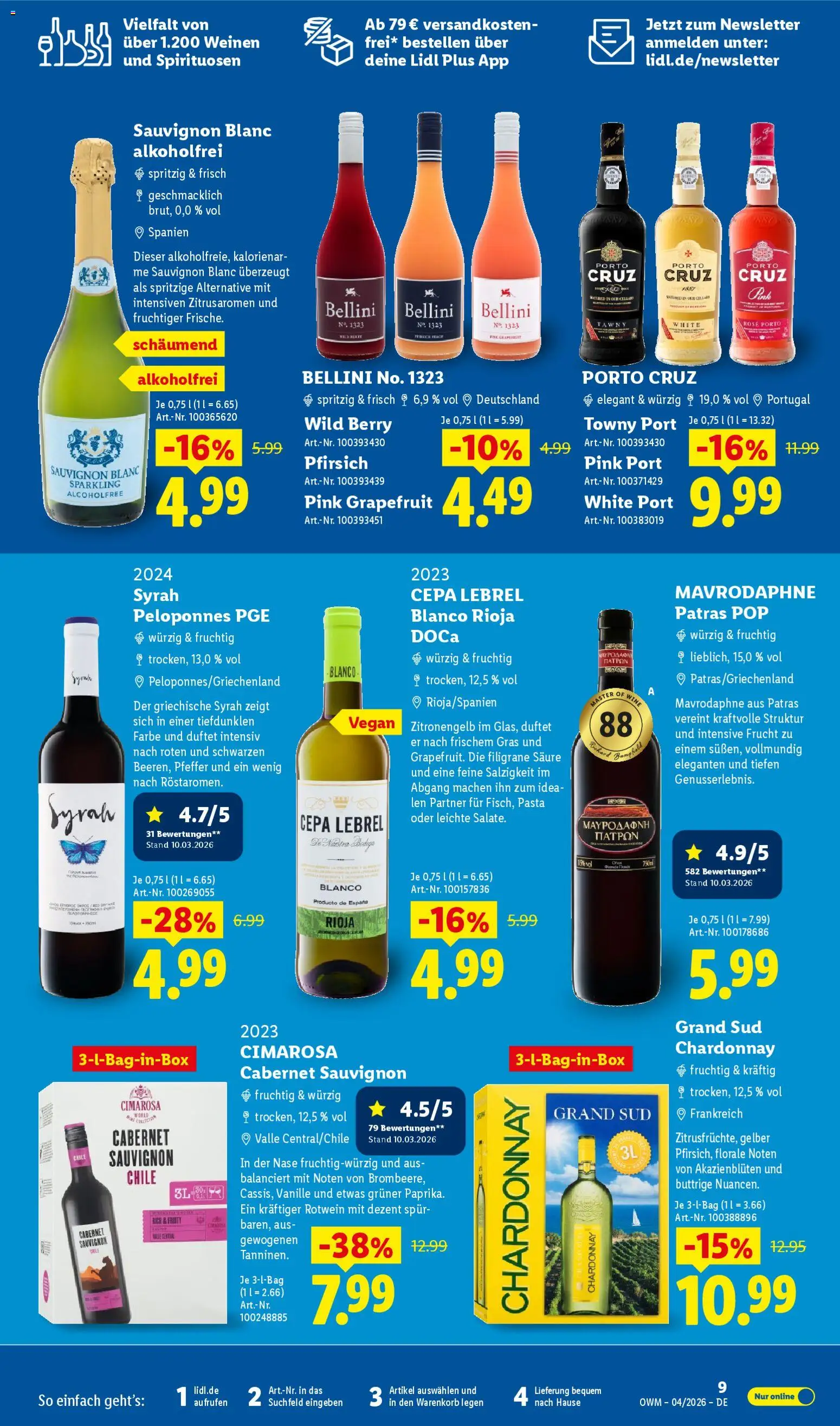 Lidl Německo leták - Wein & Spirituosen od 01.04.2026 | Strana: 9 | Produkty: Vegan, Mavrodaphne, Bellini, Cabernet Sauvignon