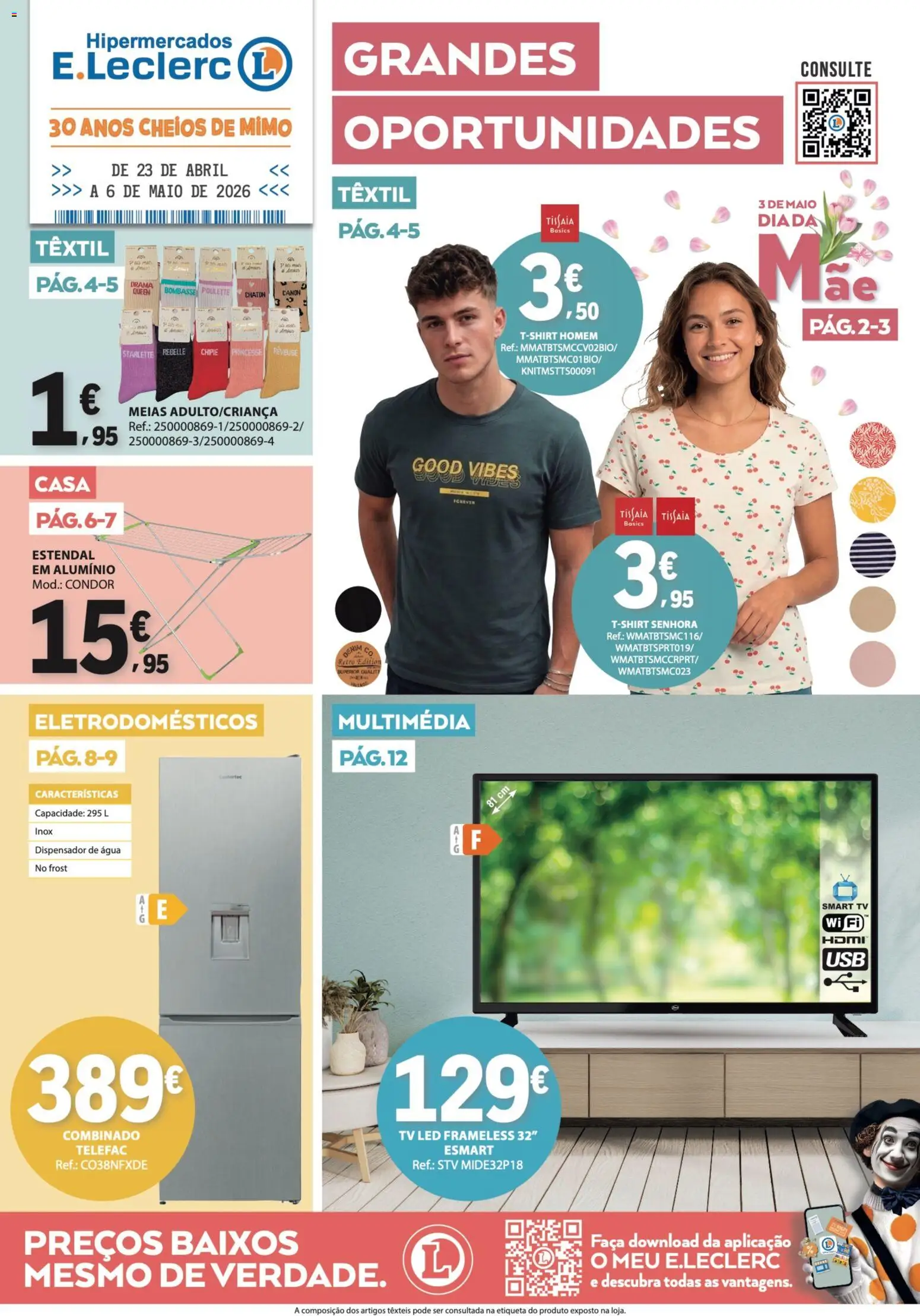 E.Leclerc folheto Não Alimentar │ válido de 23.04.2026 | Página: 1 | Produtos: Agua, Faca, Tv led, Meias