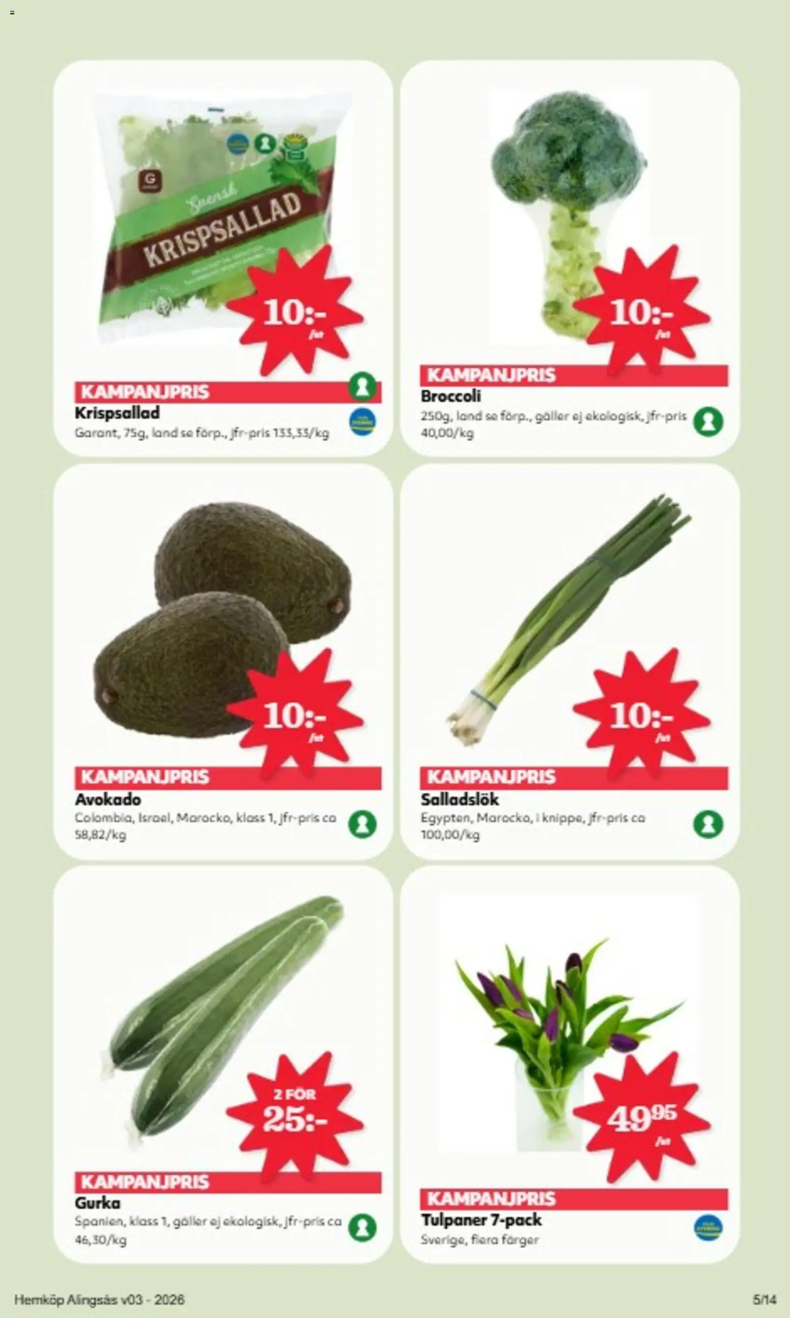 Hemköp reklamblad aktuell från 12.01.2026 | Sida: 5 | Produkter: Krispsallad, Salladslök, Broccoli, Gurka