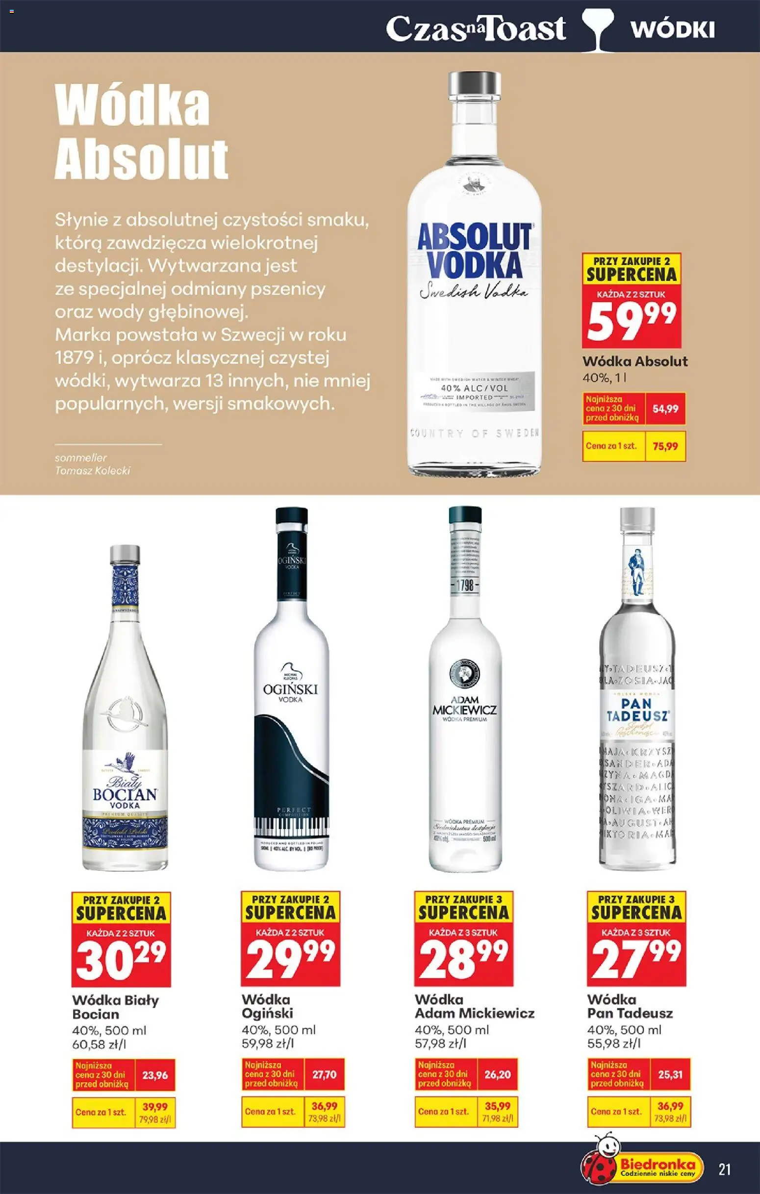 Biedronka gazetka - Czas na toast od 09.03.2026 | Strona: 21 | Produkty: Wódka Absolut, Ogiński, Wódka Ogiński, Wódka bocian