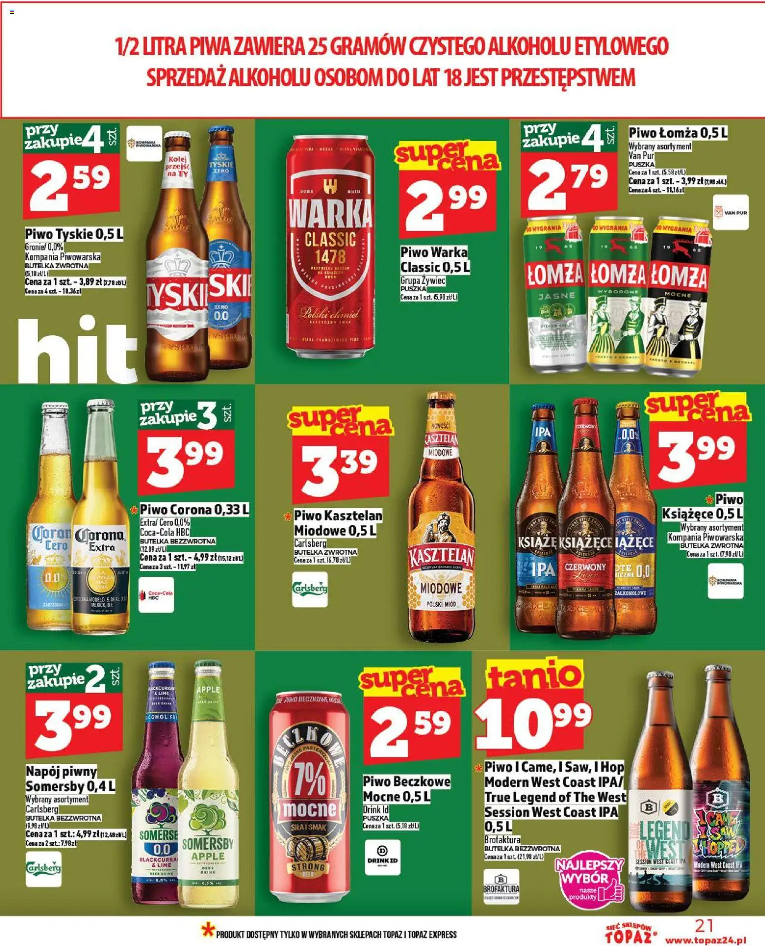Topaz Gazetka MAZ od 13.11.2025 | Strona: 21 | Produkty: Warka, Piwo Warka, Tyskie, Somersby