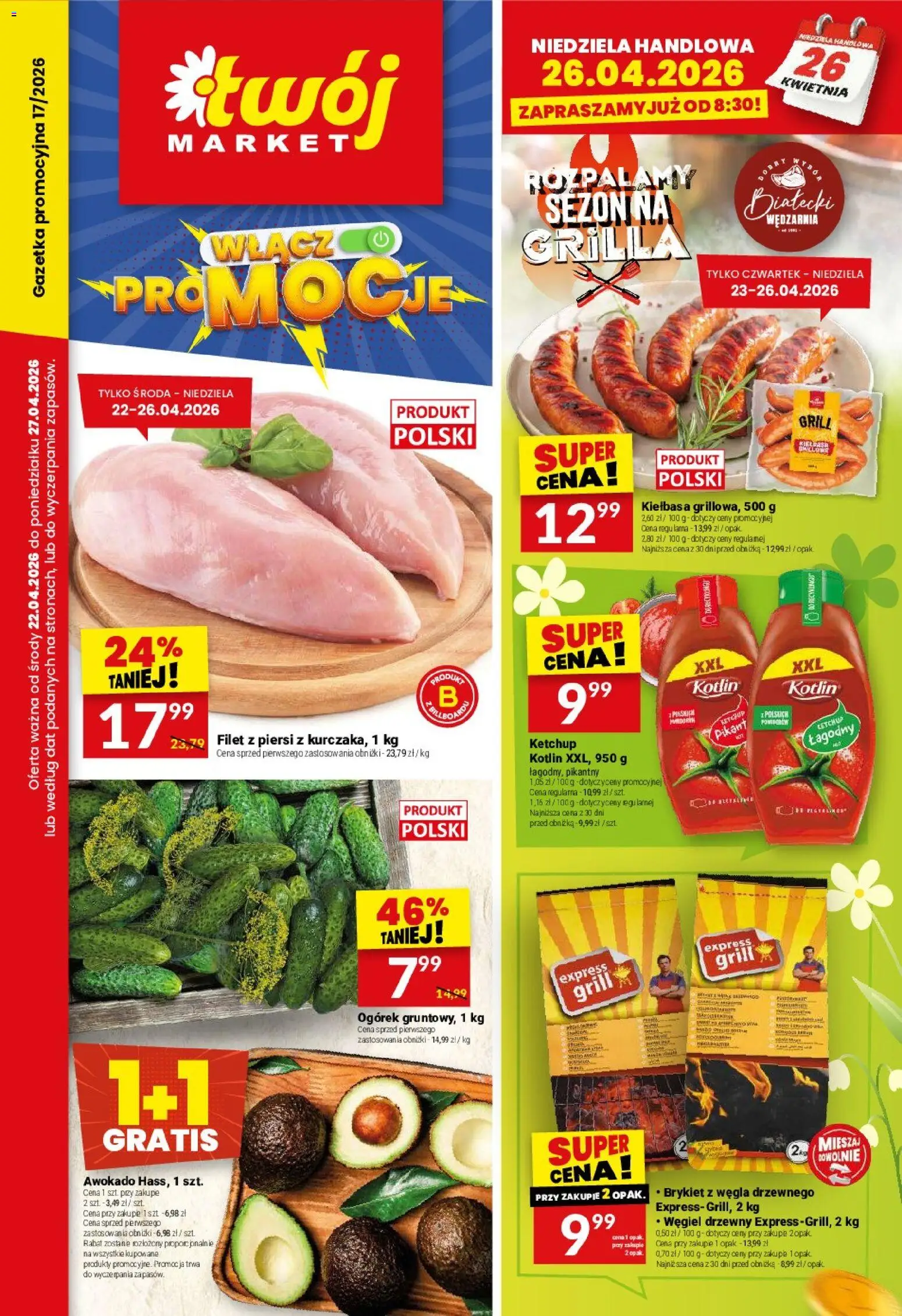 Twój Market gazetka od 22.04.2026 | Strona: 1 | Produkty: Piersi, Ketchup, Grill, Awokado