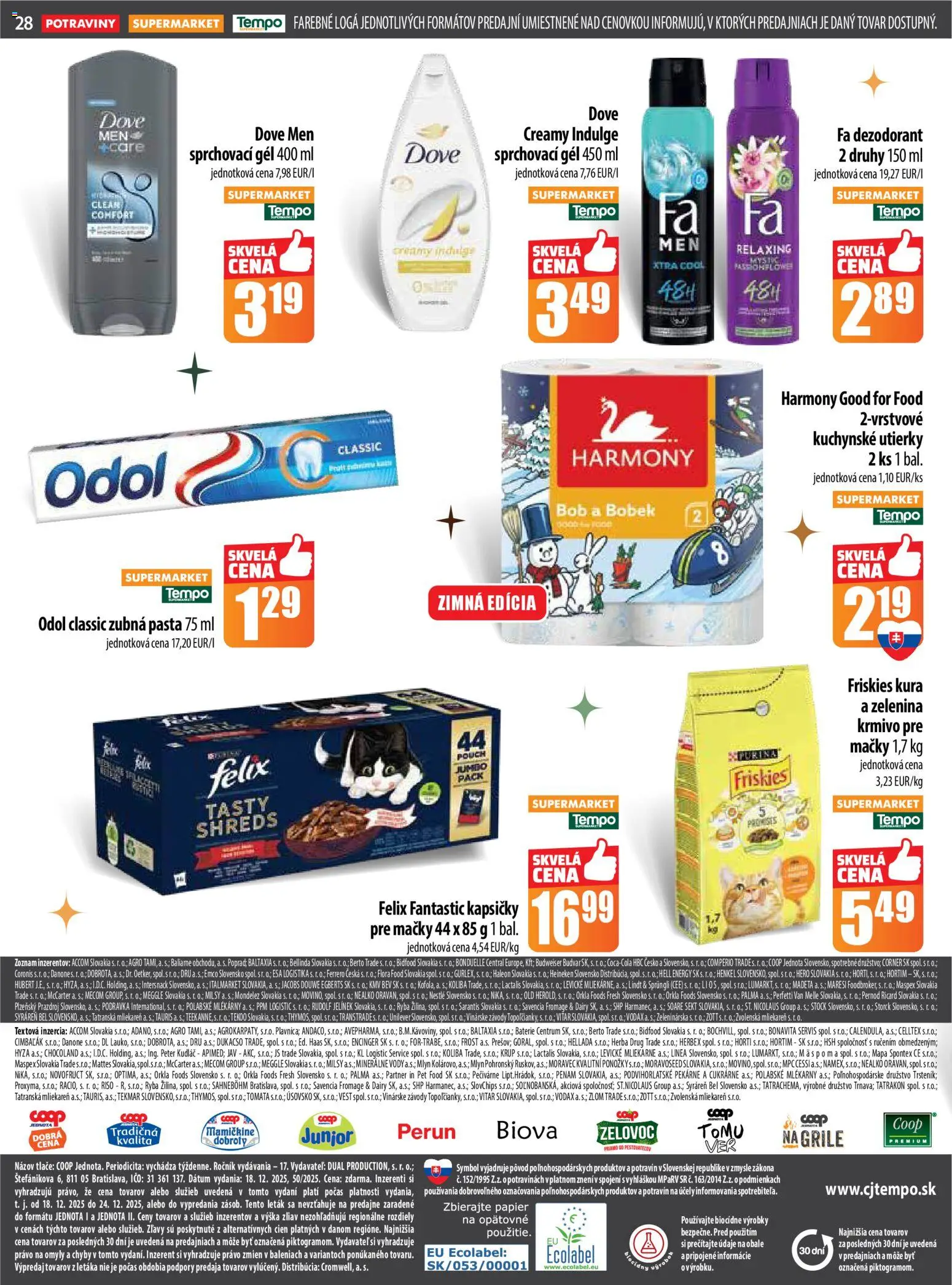 Nové COOP Jednota akcie – leták je platný od 18.12.2025 | Strana: 28 | Produkty: Lindt, Budvar, Zubná pasta, Ponožky