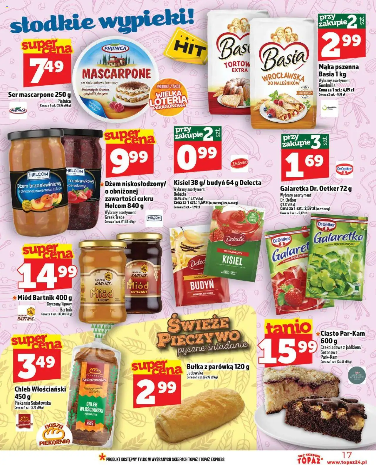 Topaz Gazetka od 02.10.2025 | Strona: 17 | Produkty: Miód, Piekarnia, Mascarpone, Chleb
