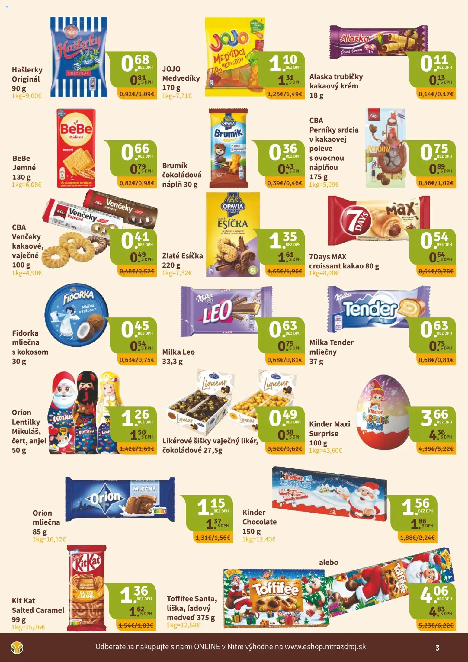 Nové Nitrazdroj akcie – leták je platný od 06.11.2025 | Strana: 3 | Produkty: Croissant, Šišky, Kinder, Kakao