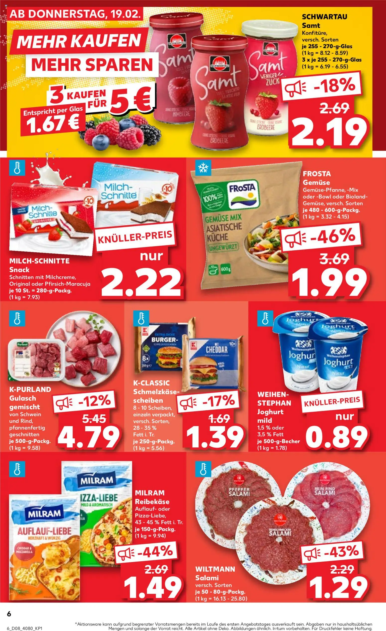 Kaufland prospekt Speyer	 – gültig ab 19.02.2026 | Seite: 6 | Produkte: Milch, Joghurt, Frosta, Reibekase