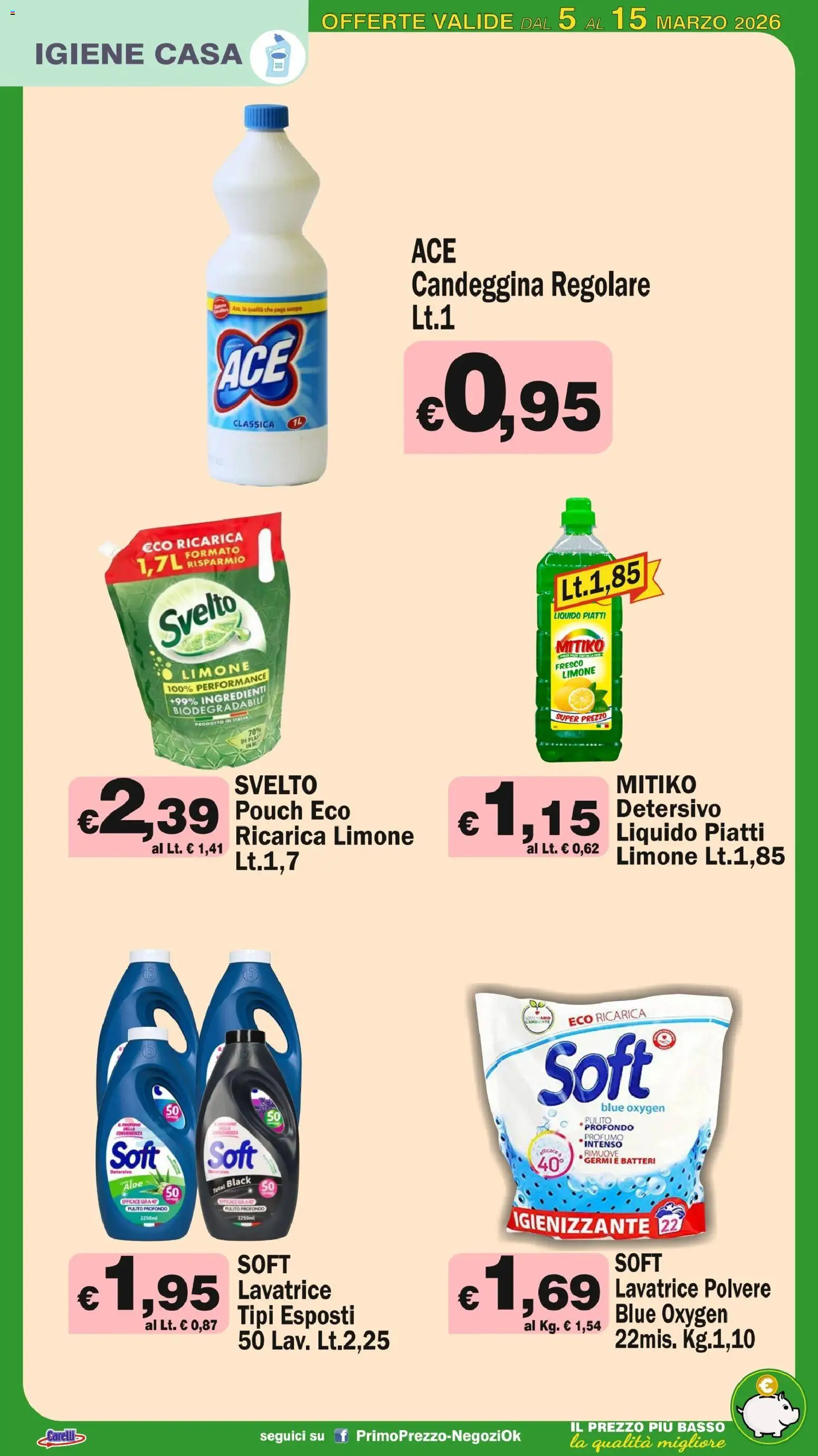 Volantino Primo Prezzo del 05.03.2026 | Pagina: 19 | Prodotti: Candeggina, Limone, Lavatrice, Profumo