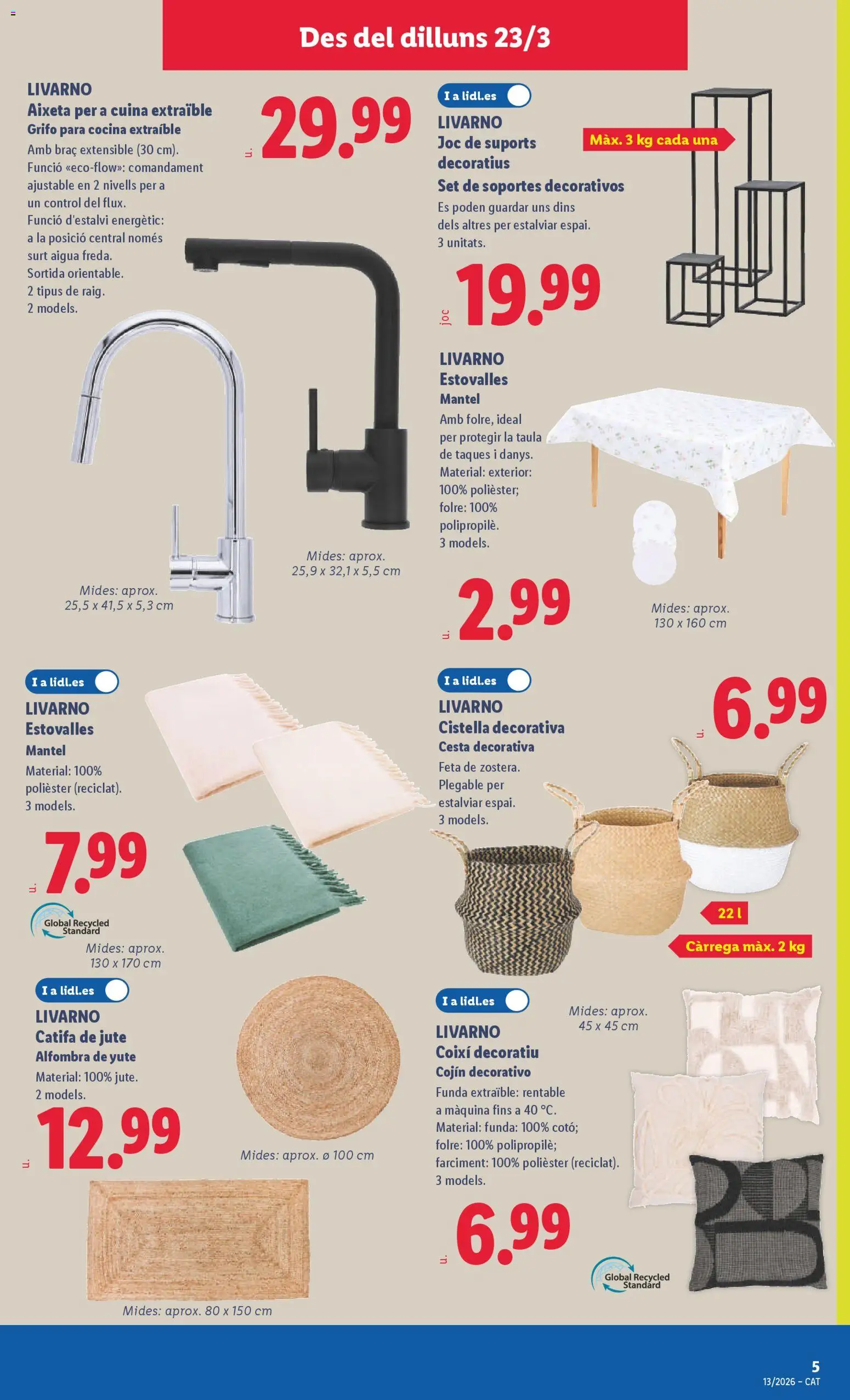 Lidl folleto de bazar │ válido desde el 16.03.2026 | Página: 9 | Productos: Mantel, Funda, Cojín, Alfombra