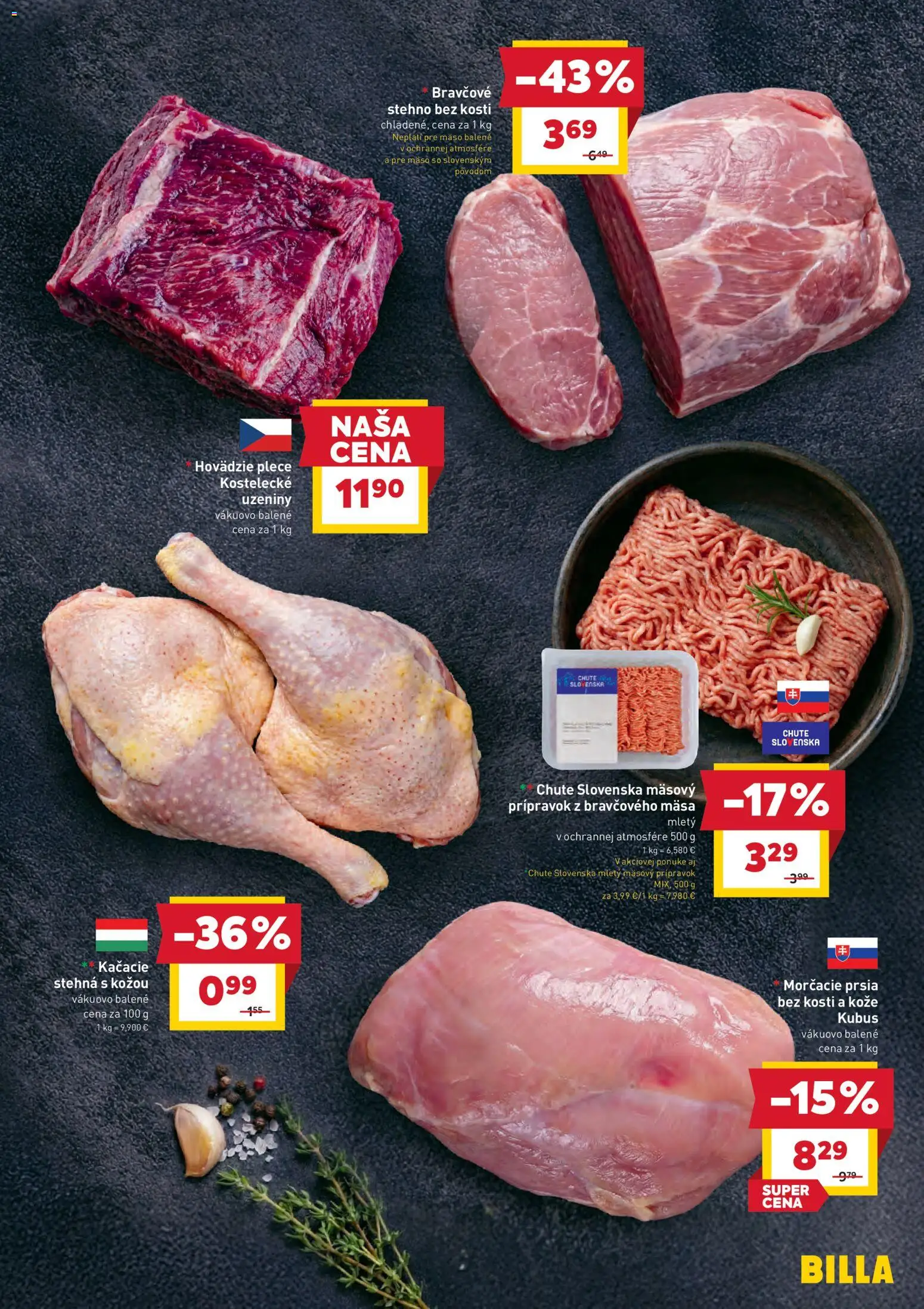 Nové Billa akcie – leták je platný od 28.01.2026 | Strana: 7 | Produkty: Kačacie stehná, Bravčové stehno