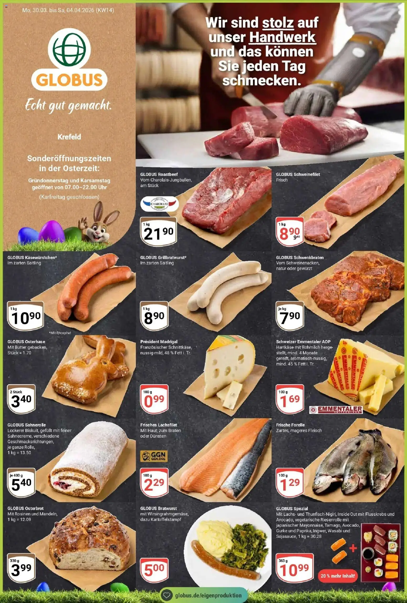 Globus prospekt Krefeld	 – gültig ab 30.03.2026 | Seite: 1 | Produkte: Butter, Schweinefilet, Lachs, Uhr