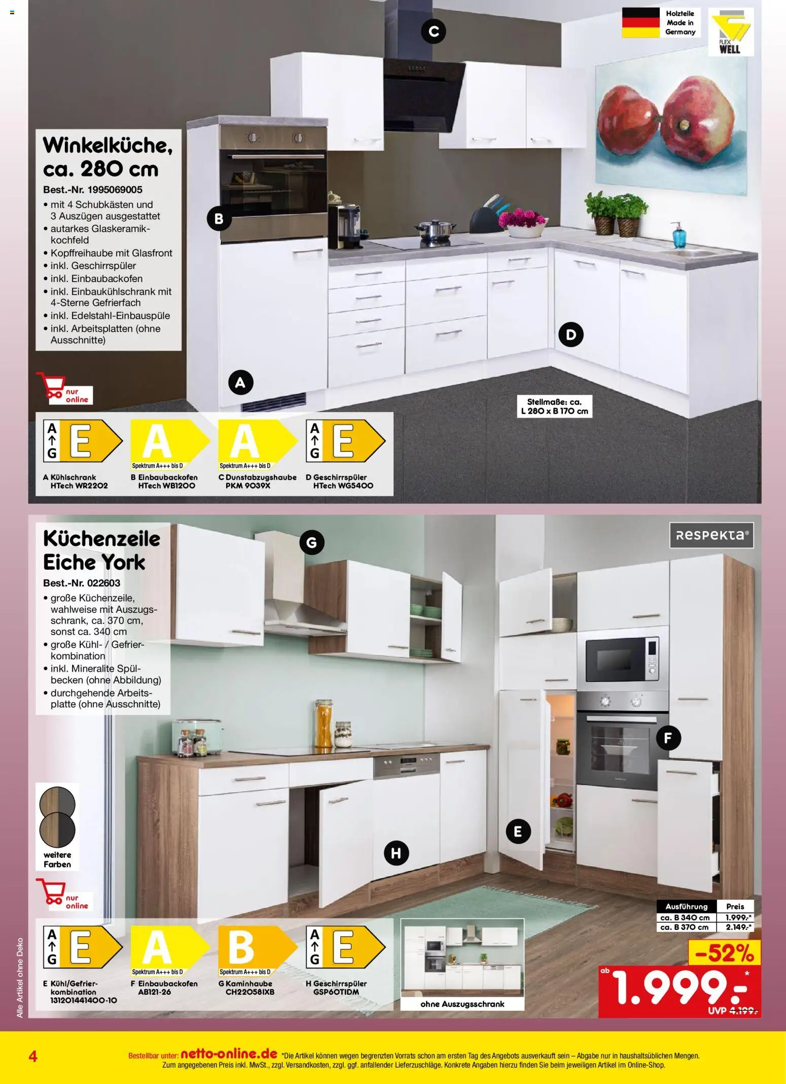 Netto Marken-Discount Online-Angebote Februar – gültig ab 01.02.2026 | Seite: 4 | Produkte: Geschirrspüler, Küchenzeile, Kühlschrank, Kochfeld