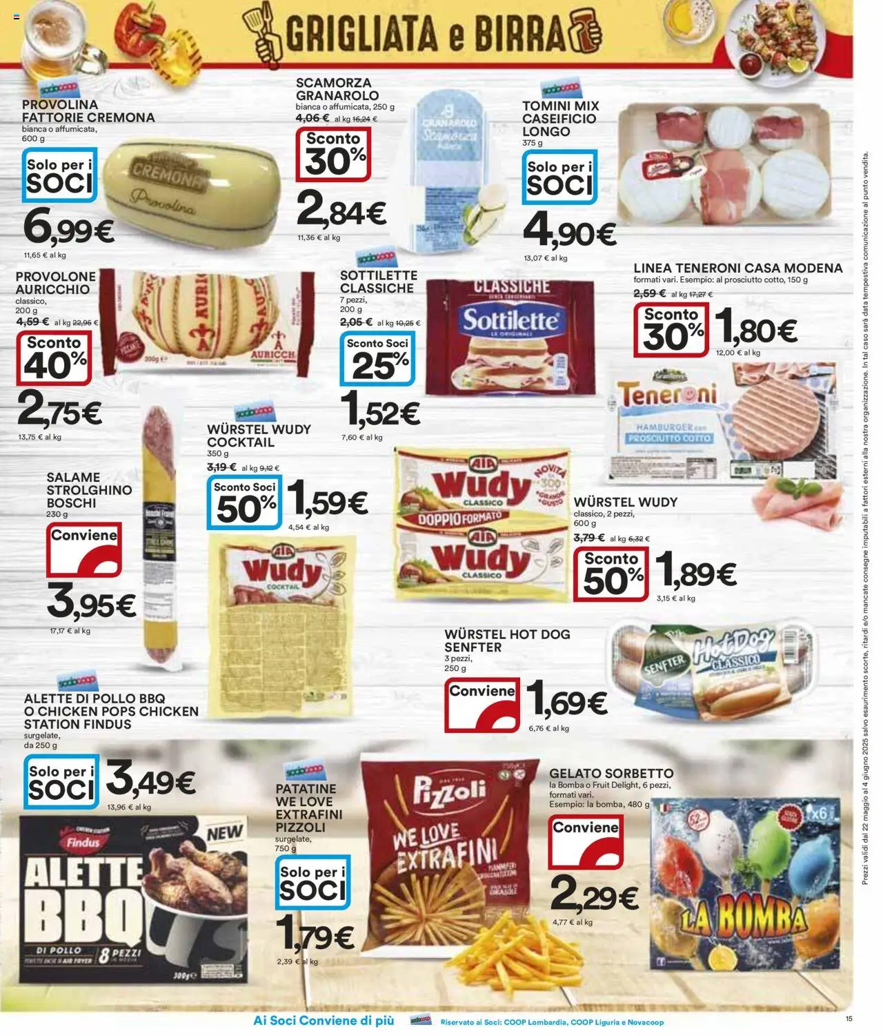 Volantino Ipercoop del 22.05.2025 | Pagina: 15 | Prodotti: Provolone, Patatine, Wurstel, Hamburger